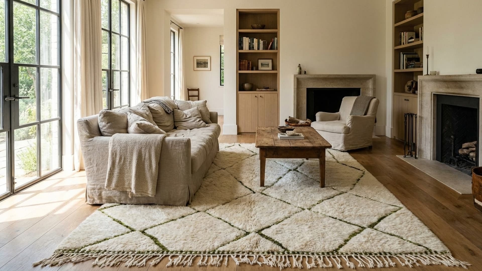 Alfombra Marroquí Beni Ourain 7x10 de Lana Crema Marfil Verde Oliva Minimalista para Sala de Estar