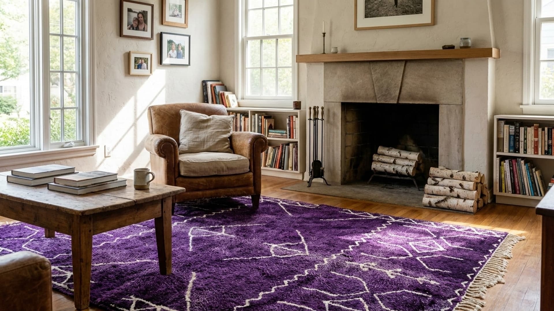Moroccan Rug Mrirt 6x9 Wool Purple Ivory Boho Living Room
