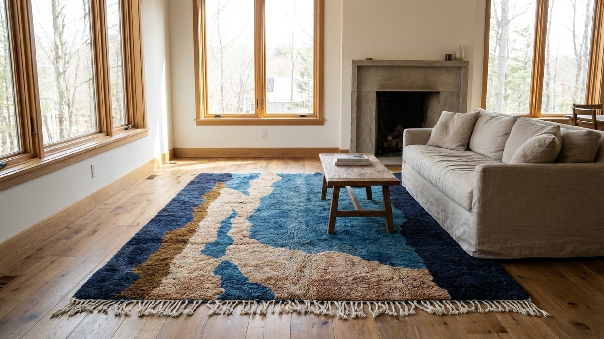 Tapis Marocain Mrirt 5x7 Laine Marine Turquoise Tan Minimaliste Salon Berbère