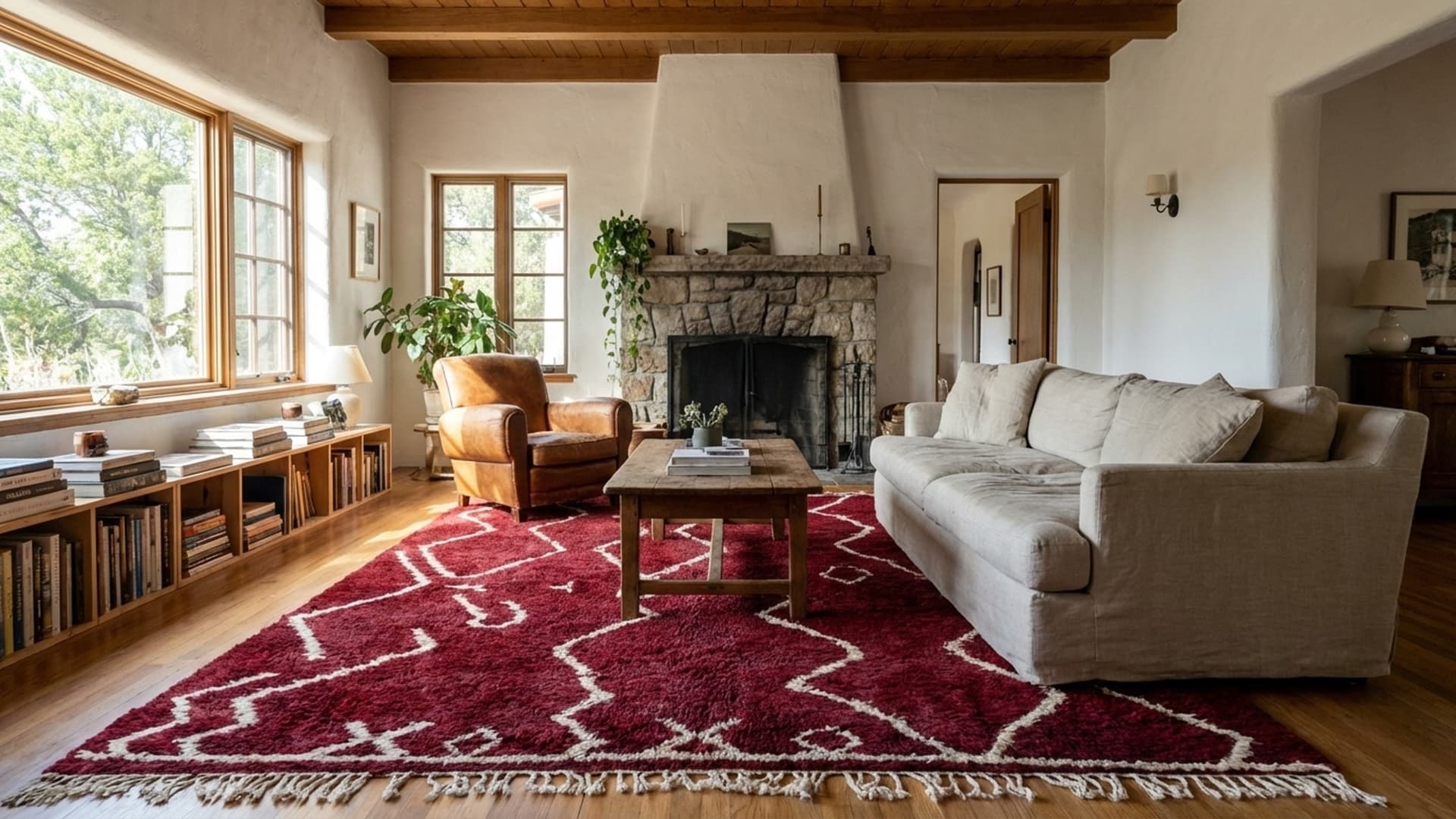 Marockansk Matta Mrirt 4x6 Ull Burgundy Röd Grädde Vit Minimalistisk Boho Vardagsrum Berber