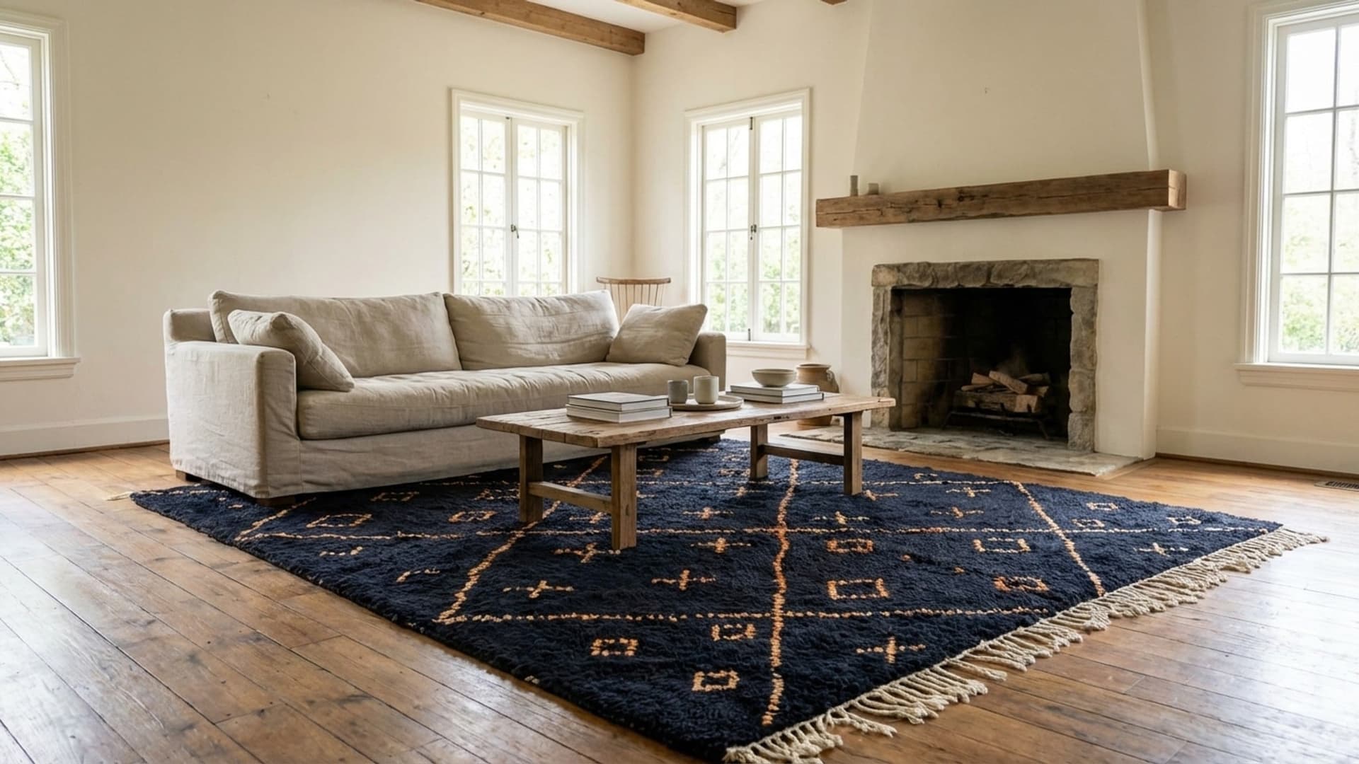 Moroccan Rug Beni Ourain 5x8 Wool Navy Blue Copper Boho Living Room