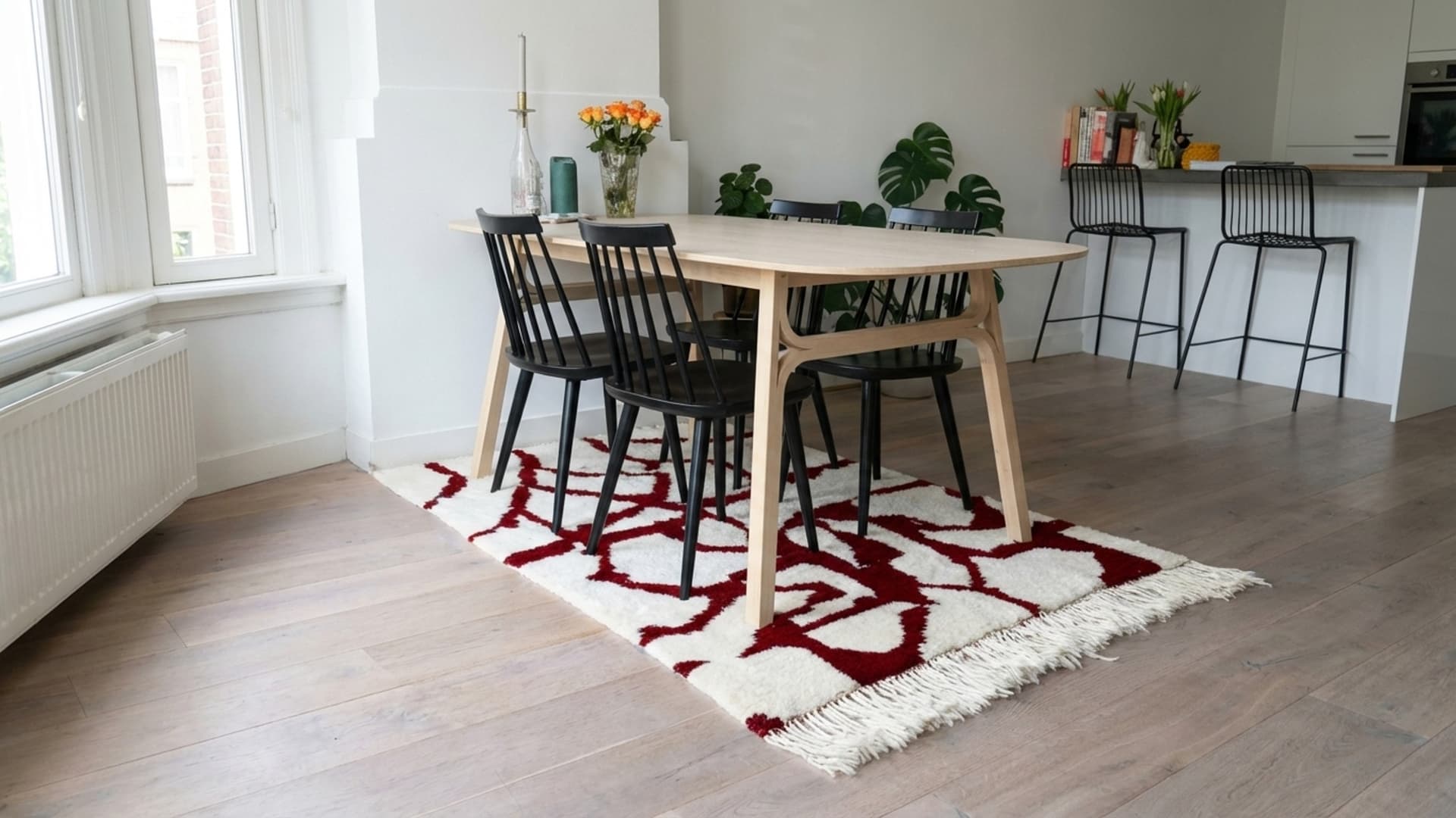 Tapis marocain fait main en laine 8x10 - Tapis moderne boho ivoire bordeaux pour salon chambre Beni Ourain