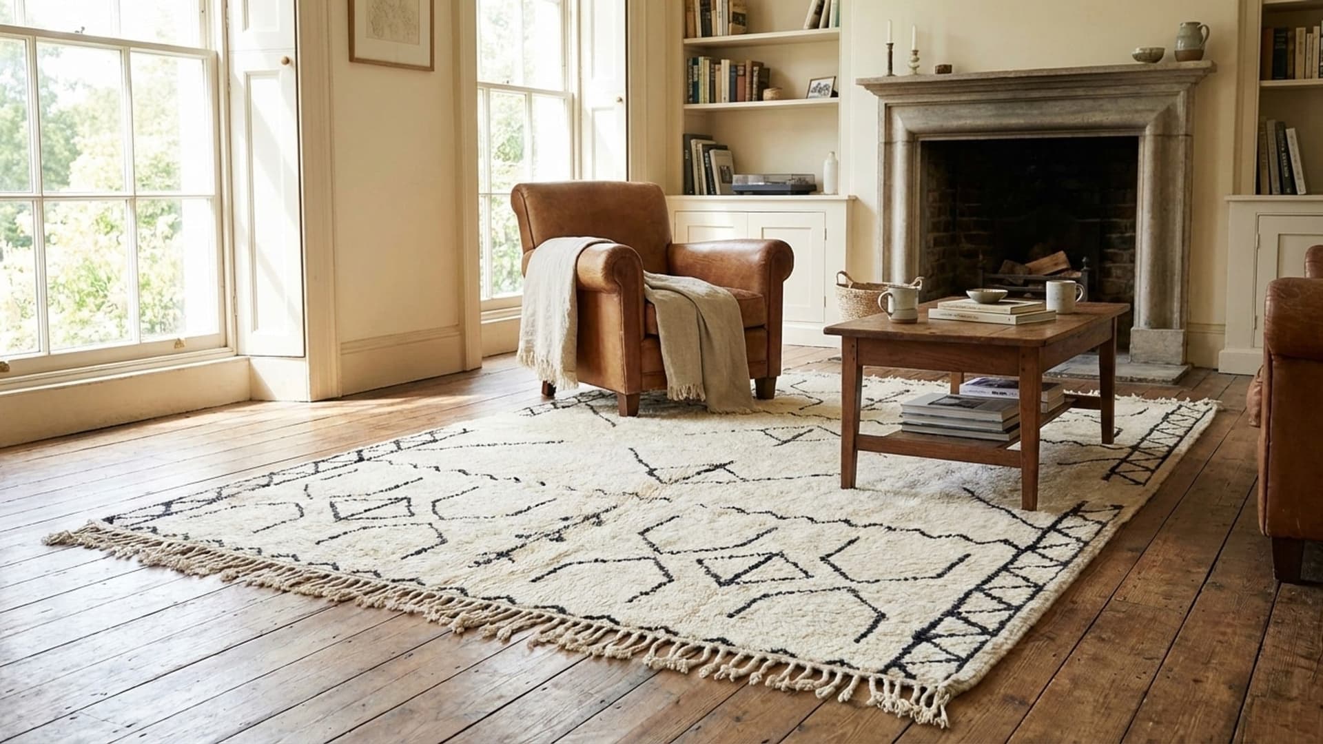 Moroccan Rug Handmade Wool 8x10 - Ivory Black Minimalist Boho Area Rug for Living Room Bedroom - Beni Ourain