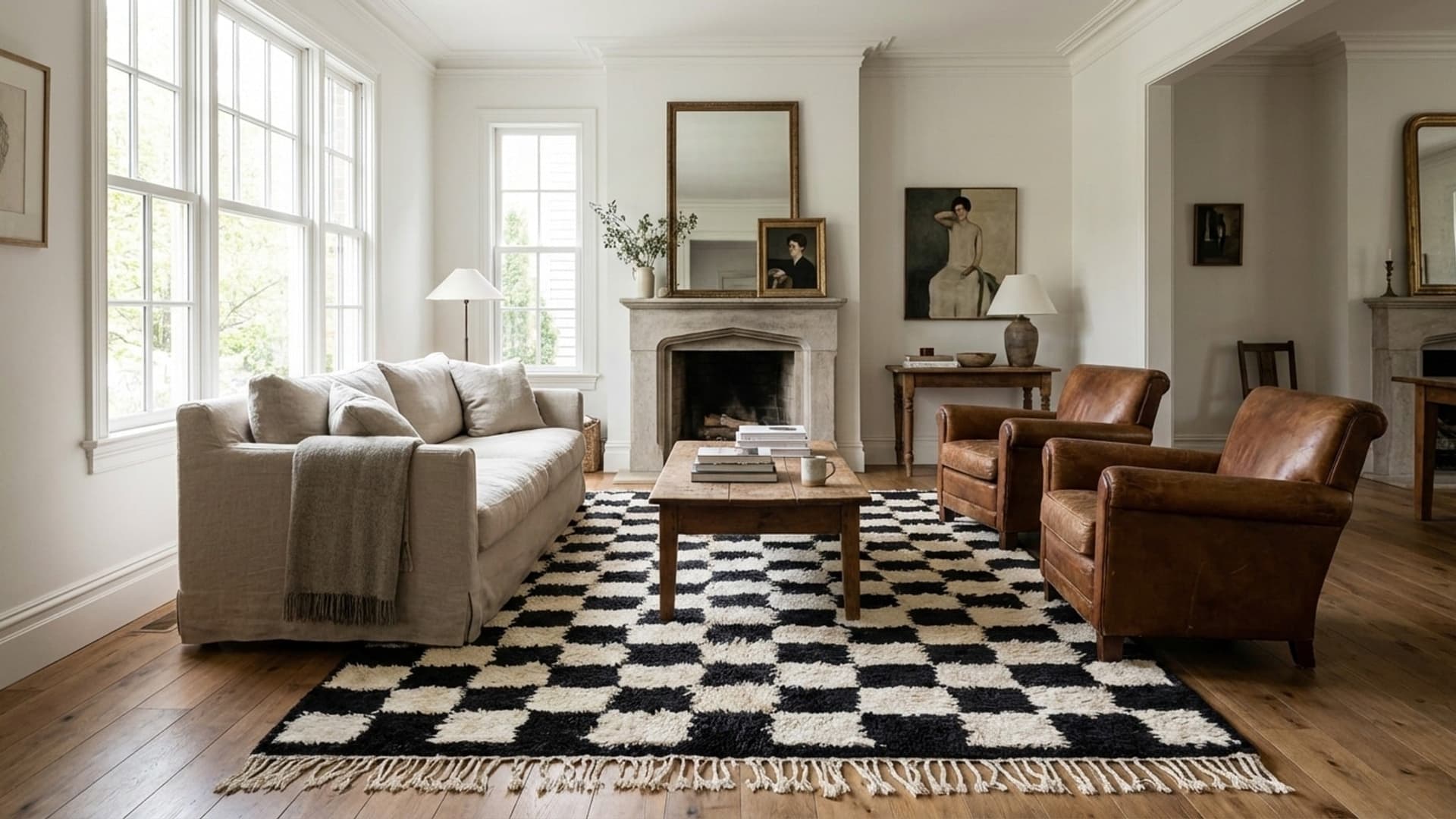 Moroccan Rug Handmade Wool 8x10 - Black White Checkered Modern Boho Area Rug for Living Room Bedroom