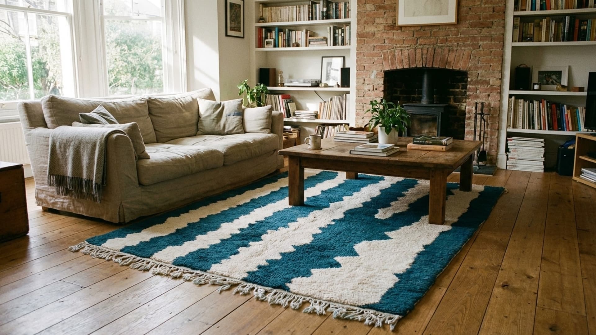 سجادة مغربية مصنوعة يدويًا من الصوف 8x10 - أزرق كريمي حديث لمنطقة المعيشة وغرفة النوم - مريرت بربر