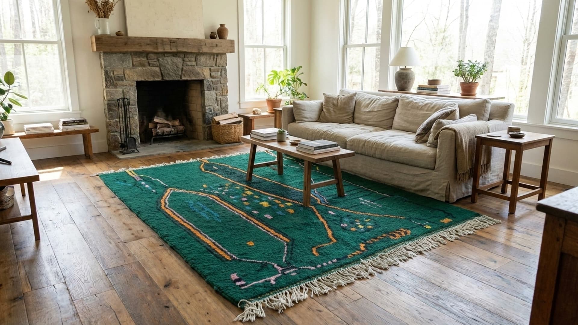 Moroccan Rug Handmade Wool 6x9 - Emerald Green Boho Area Rug for Living Room, Modern Abstract Berber Rug