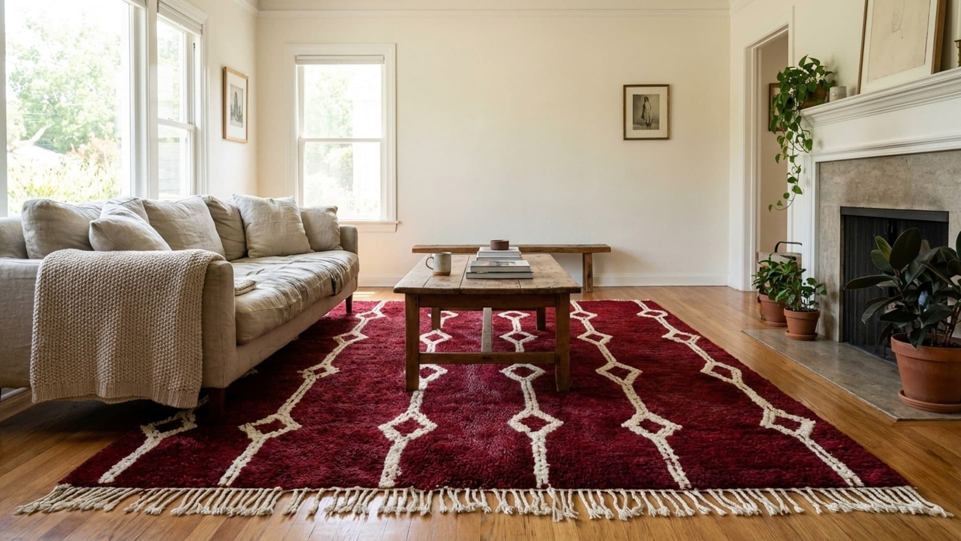 Moroccan Rug Handmade Wool 8x10 - Burgundy Red Cream Geometric Boho Area Rug for Living Room Bedroom Mrirt