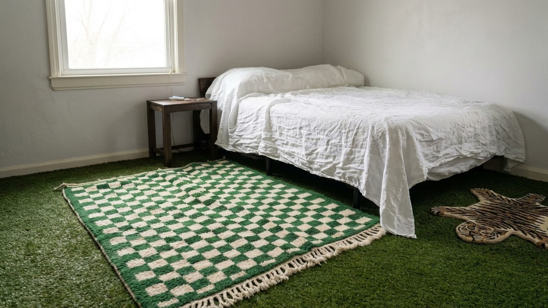 Moroccan Rug Handmade Wool Custom Size - Green Ivory Checkered Area Rug for Living Room Bedroom Boho Modern