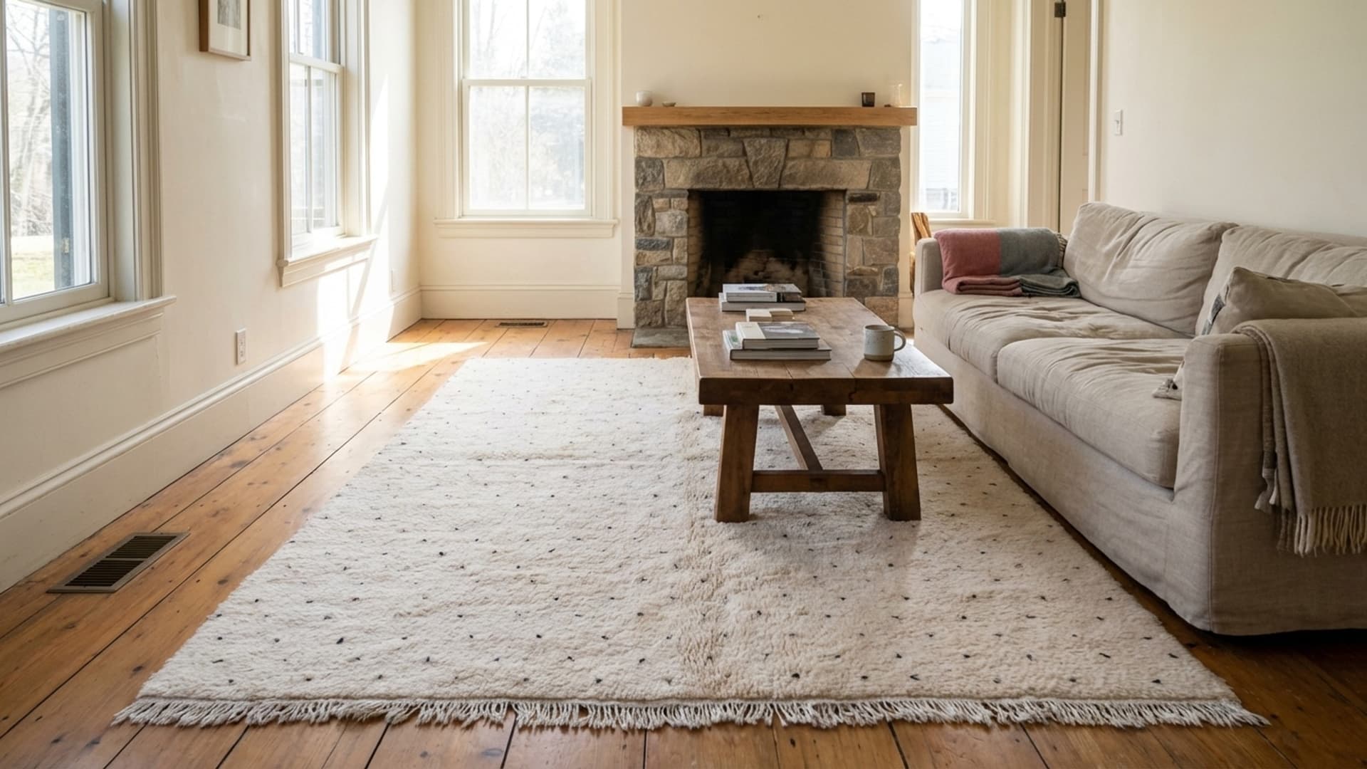 Moroccan Rug Handmade Wool Custom Size - Ivory Neutral Minimalist Boho Area Rug for Living Room Bedroom Beni Ourain