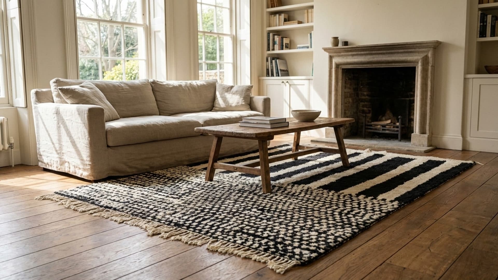 Moroccan Rug Handmade Wool 8x10 - Black White Minimalist Boho Area Rug for Living Room Bedroom - Beni Ourain