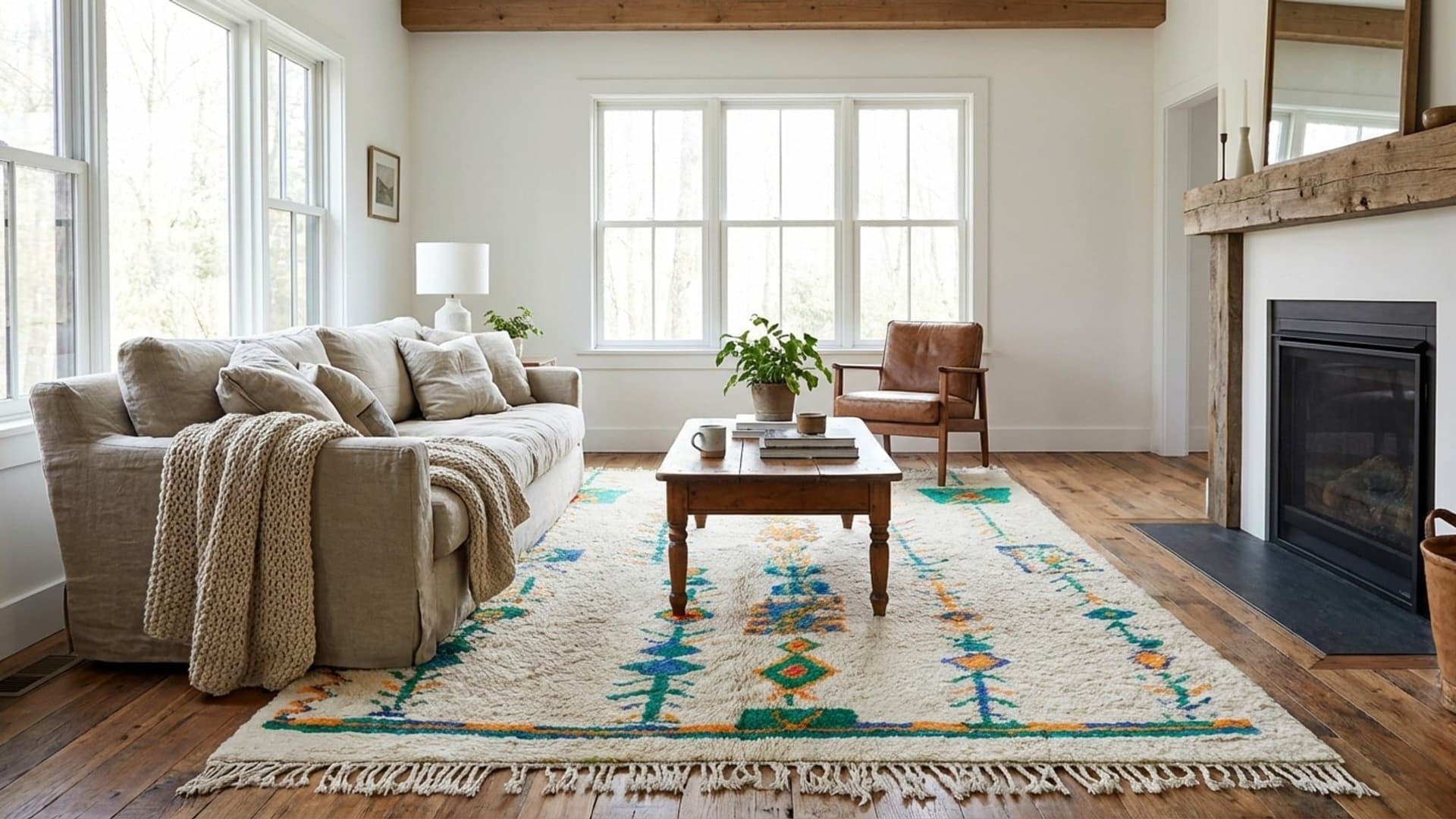 Moroccan Rug Handmade Wool Custom Size - Ivory Neutral Colorful Boho Area Rug for Living Room Bedroom - Azilal