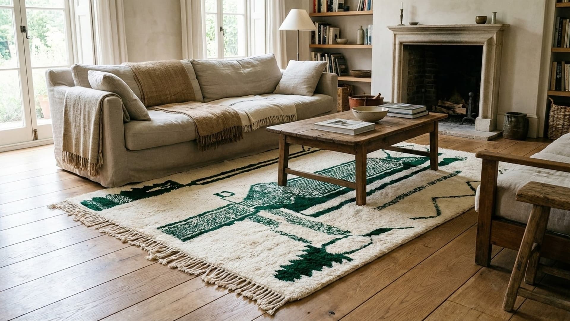 Moroccan Rug Handmade Wool 8x10 - Ivory Green Modern Boho Area Rug for Living Room Bedroom Beni Ourain