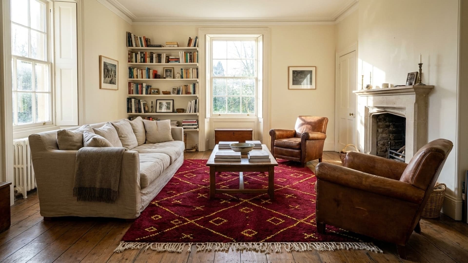 Moroccan Rug Handmade Wool 8x10 - Burgundy Red with Yellow Geometric Boho Area Rug for Living Room Bedroom