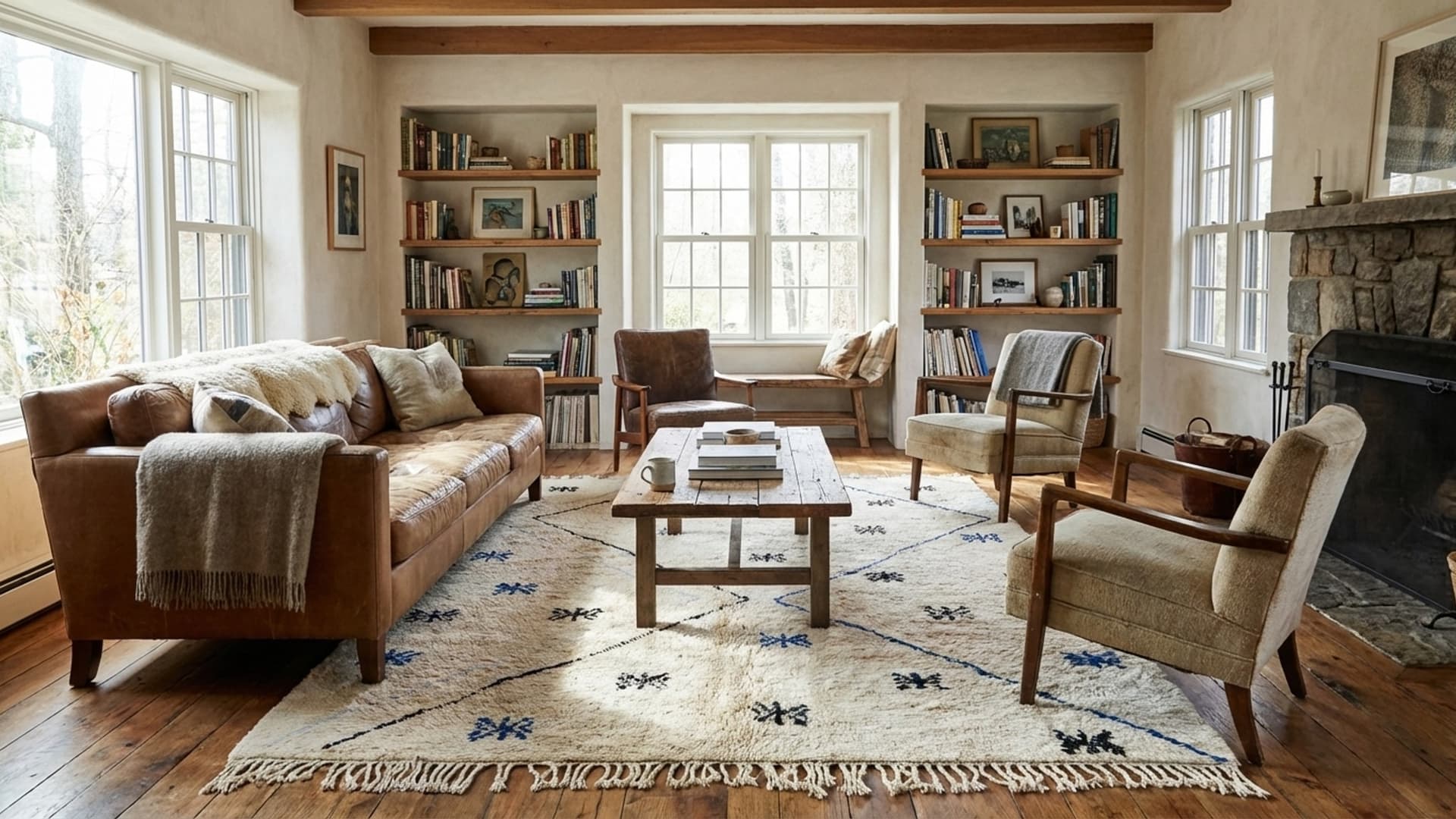 Moroccan Rug Handmade Wool 8x10 - Ivory Neutral Blue Black Modern Boho Area Rug for Living Room Bedroom Beni Ourain