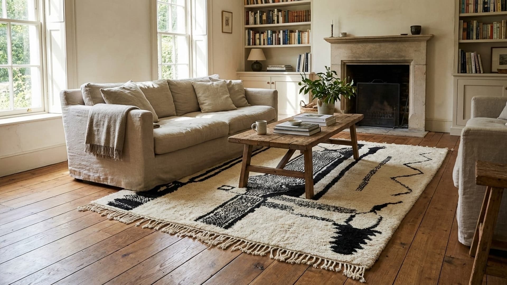 Moroccan Rug Handmade Wool 8x10 - Ivory Black Minimalist Boho Area Rug for Living Room Bedroom - Beni Ourain