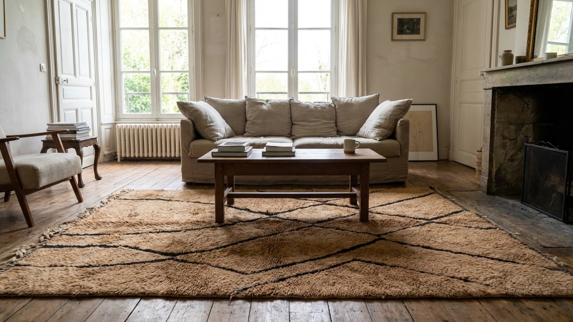 Alfombra Marroquí Hecha a Mano de Lana 5x7 - Alfombra Boho Moderna en Color Camel Negro con Diseño de Diamante para Sala de Estar Dormitorio Mrirt