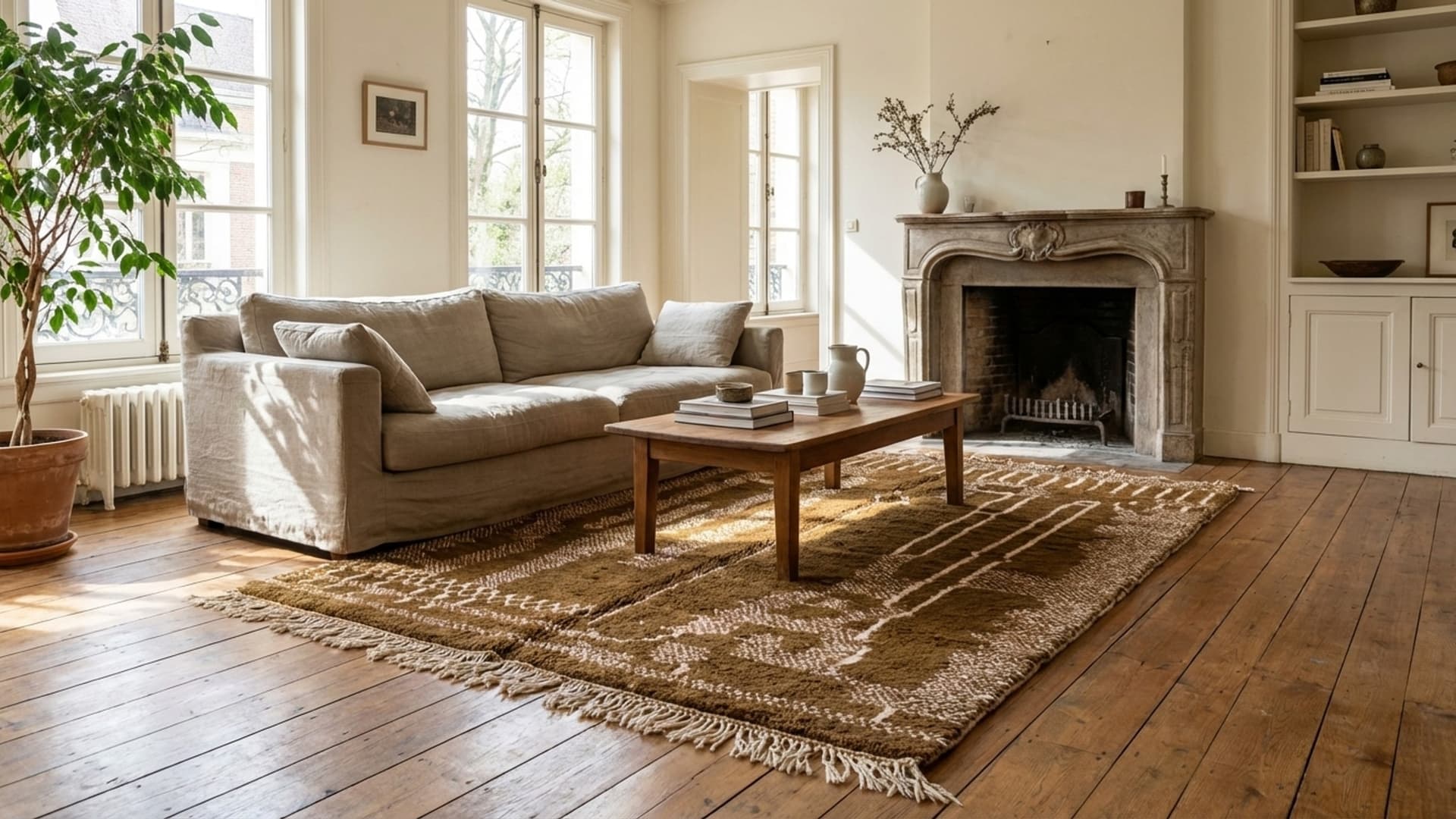 Tapis Marocain Fait Main en Laine 7x10 - Tapis Moderne Boho Vert Olive Neutre pour Salon Chambre - Mrirt Berbère