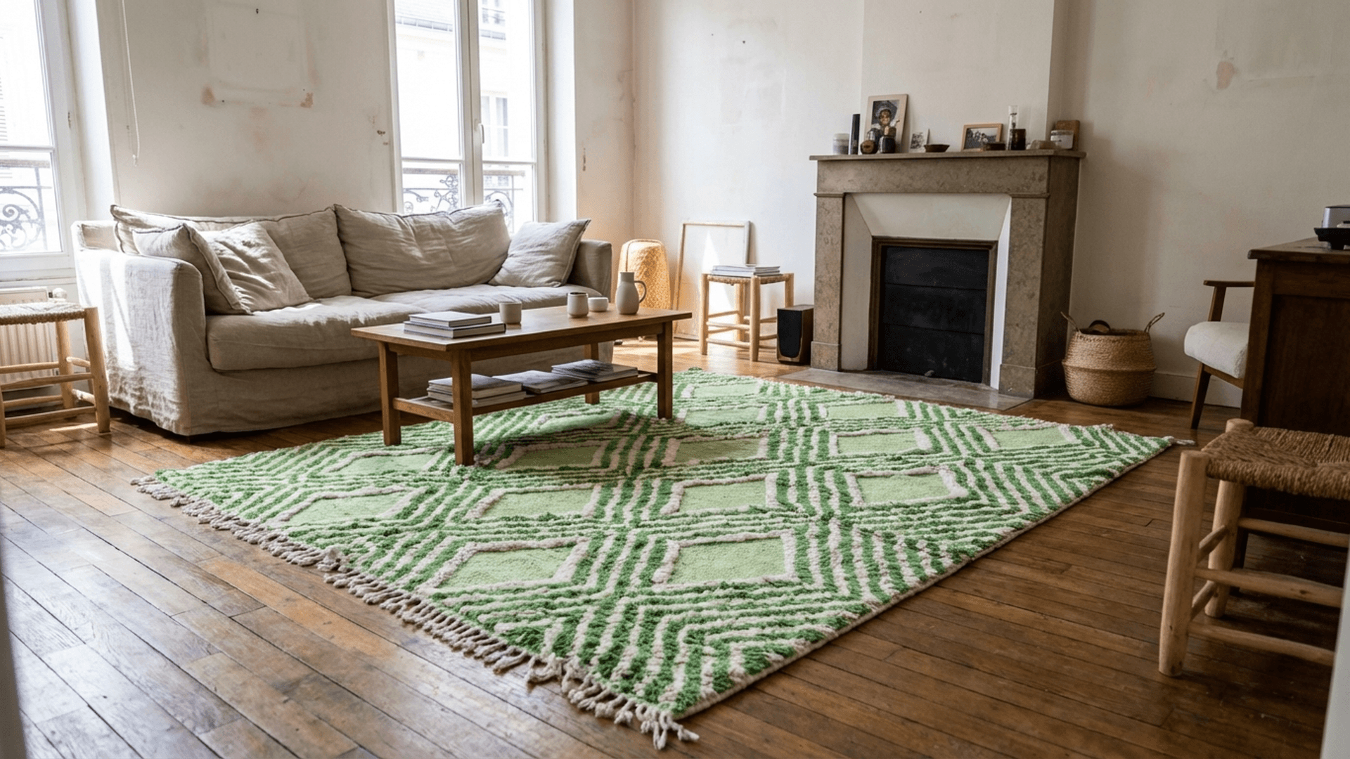 سجادة مغربية مصنوعة يدويًا من الصوف 7x10 - سجادة هندسية بلون الأخضر المريمي والعاج لغرفة المعيشة وغرفة النوم - مريرت