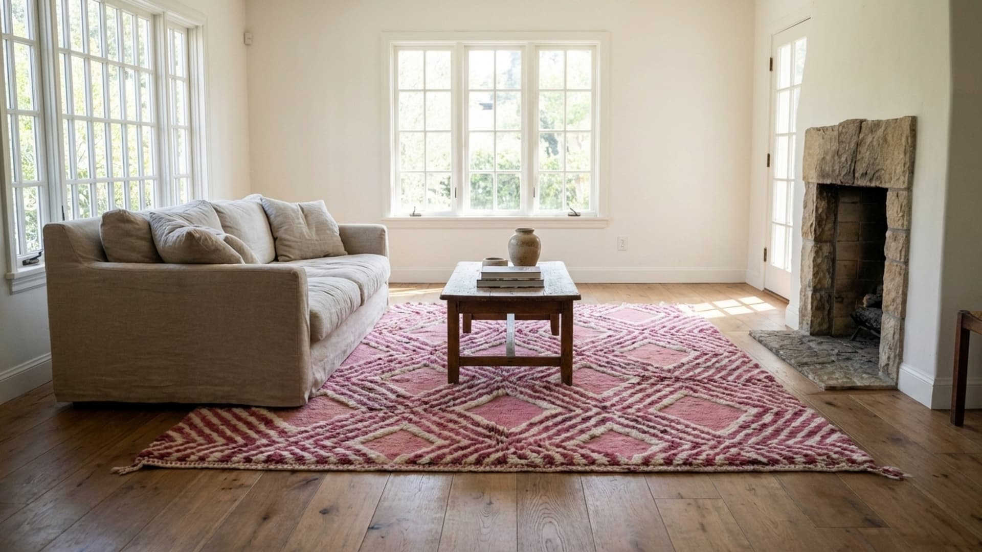 سجادة مغربية مصنوعة يدويًا من الصوف 7x10 - سجادة هندسية بلون الوردي والعاج لغرفة المعيشة وغرفة النوم - مريرت أمازيغ