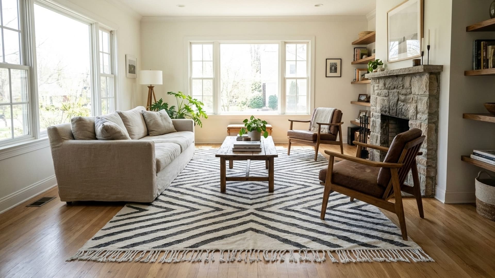 Alfombra Marroquí Hecha a Mano de Lana 7x10 - Alfombra Minimalista Moderna en Marfil y Negro para Sala de Estar y Dormitorio - Modern Hanbal