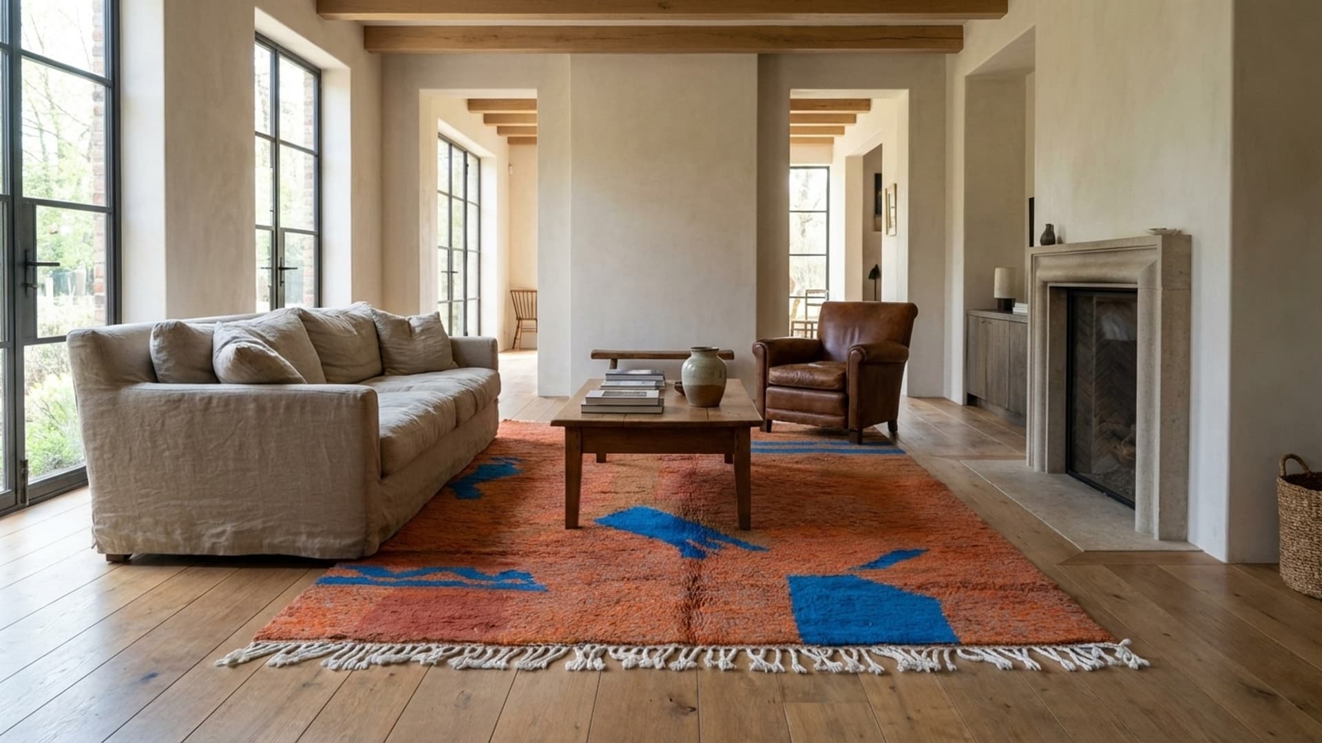 Alfombra Marroquí Hecha a Mano de Lana 6x9 - Alfombra Moderna Boho Naranja Azul para Sala de Estar o Dormitorio - Alfombra Mrirt Auténtica