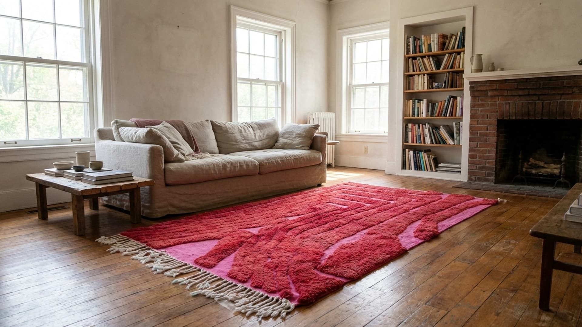 Alfombra Marroquí Hecha a Mano de Lana 5x8 - Alfombra Moderna Boho Rosa Roja para Sala de Estar o Dormitorio - Alfombra Mrirt