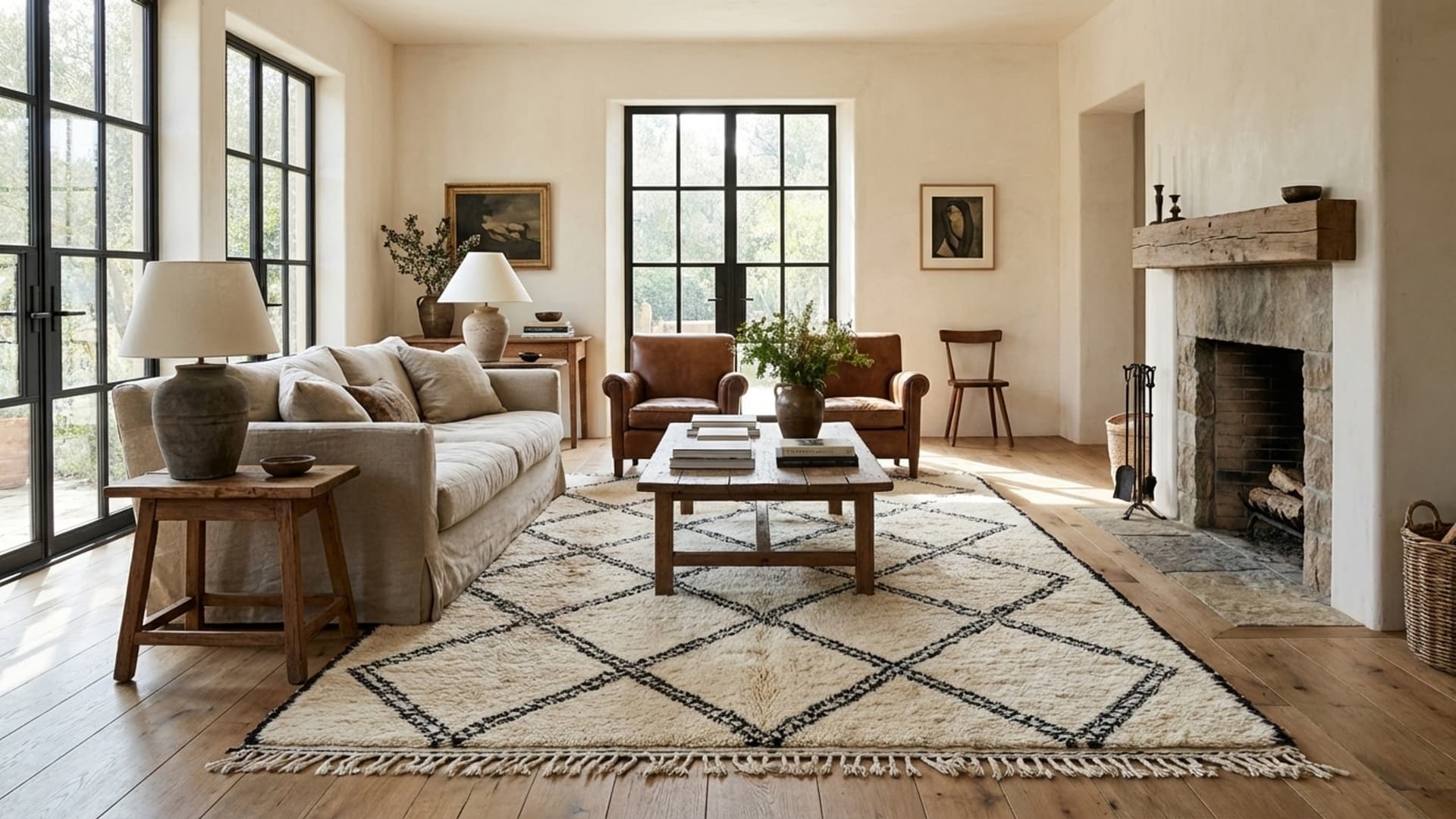 سجادة مغربية مصنوعة يدويًا من الصوف 6x11 - عاجي أسود نمط ماس بوهيمي بسيط لغرفة المعيشة وغرفة النوم بني أورين