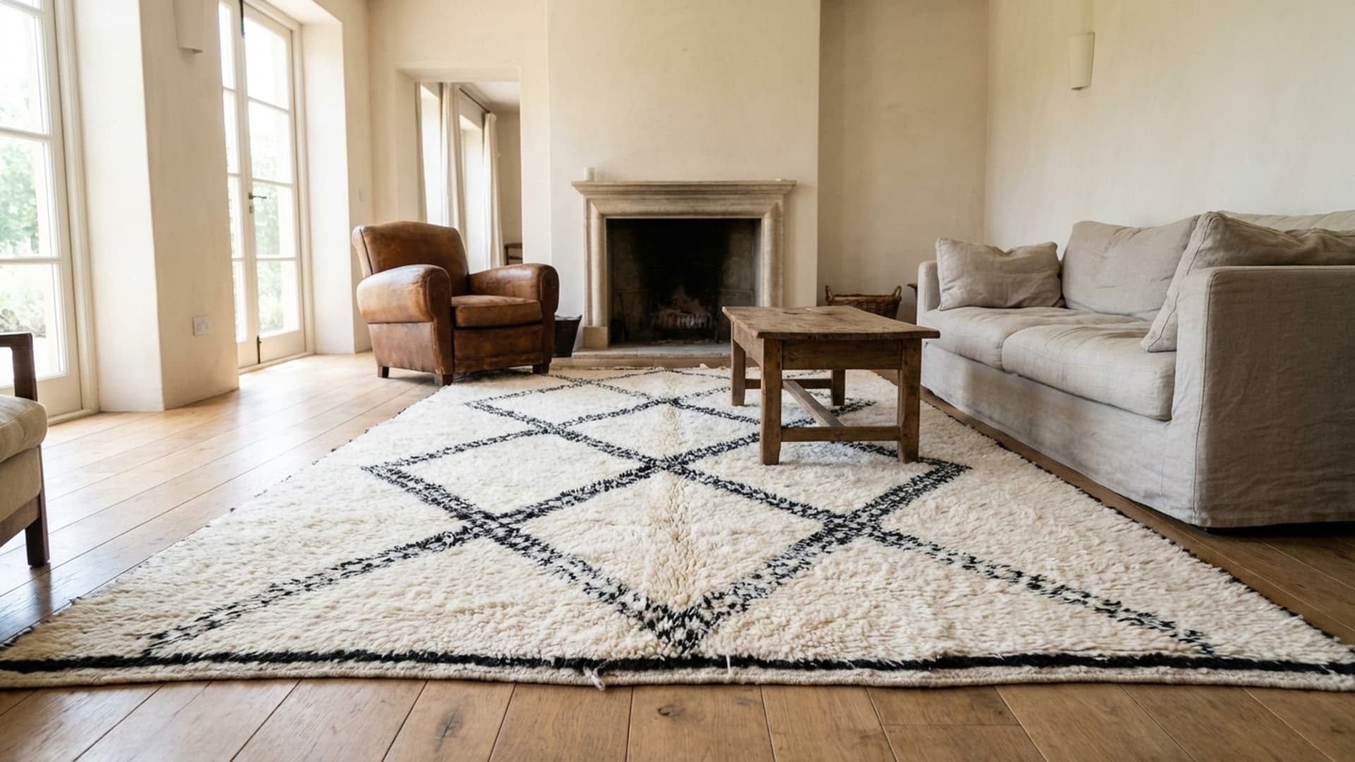 Alfombra Marroquí Hecha a Mano de Lana 10x6 - Alfombra de Área Minimalista Boho en Marfil y Negro con Diseño de Diamante para Sala de Estar y Dormitorio - Beni Ourain