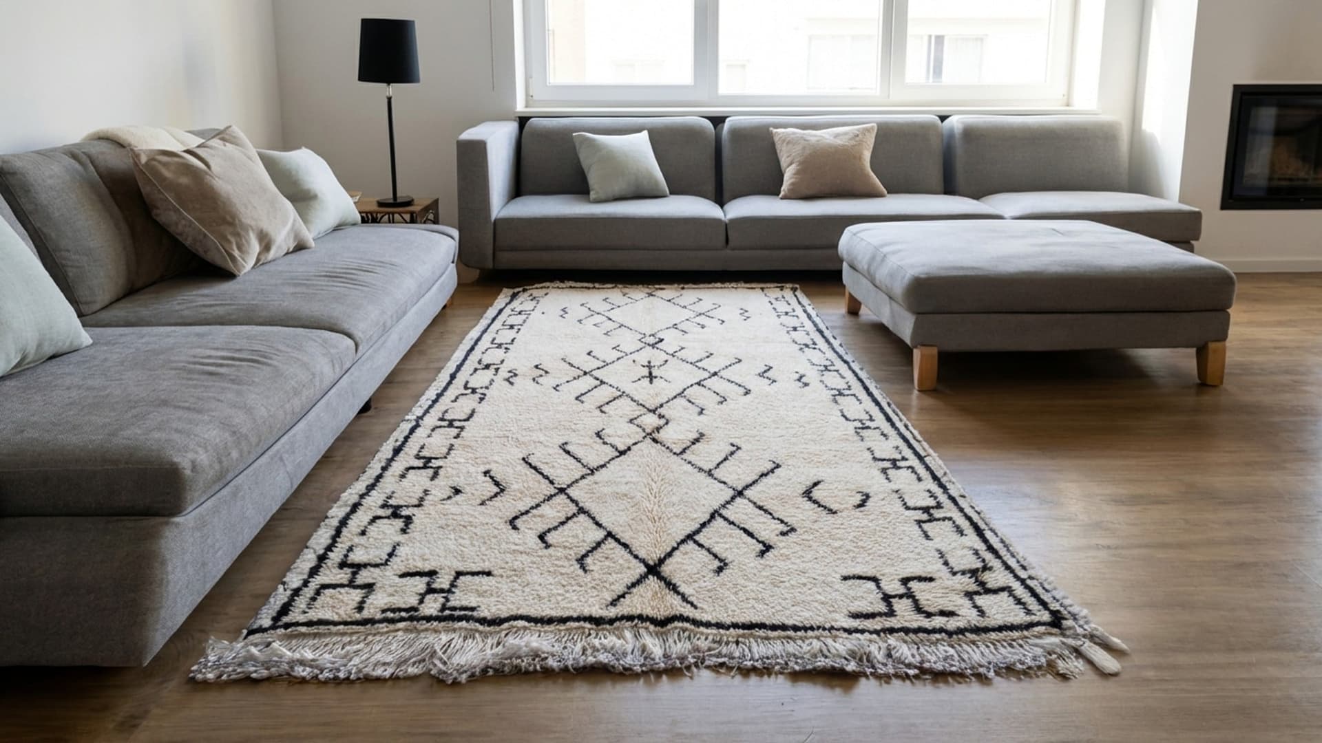 Moroccan Rug Handmade Wool 2x3 - Ivory Black Minimalist Boho Area Rug for Living Room Bedroom - Beni Ourain