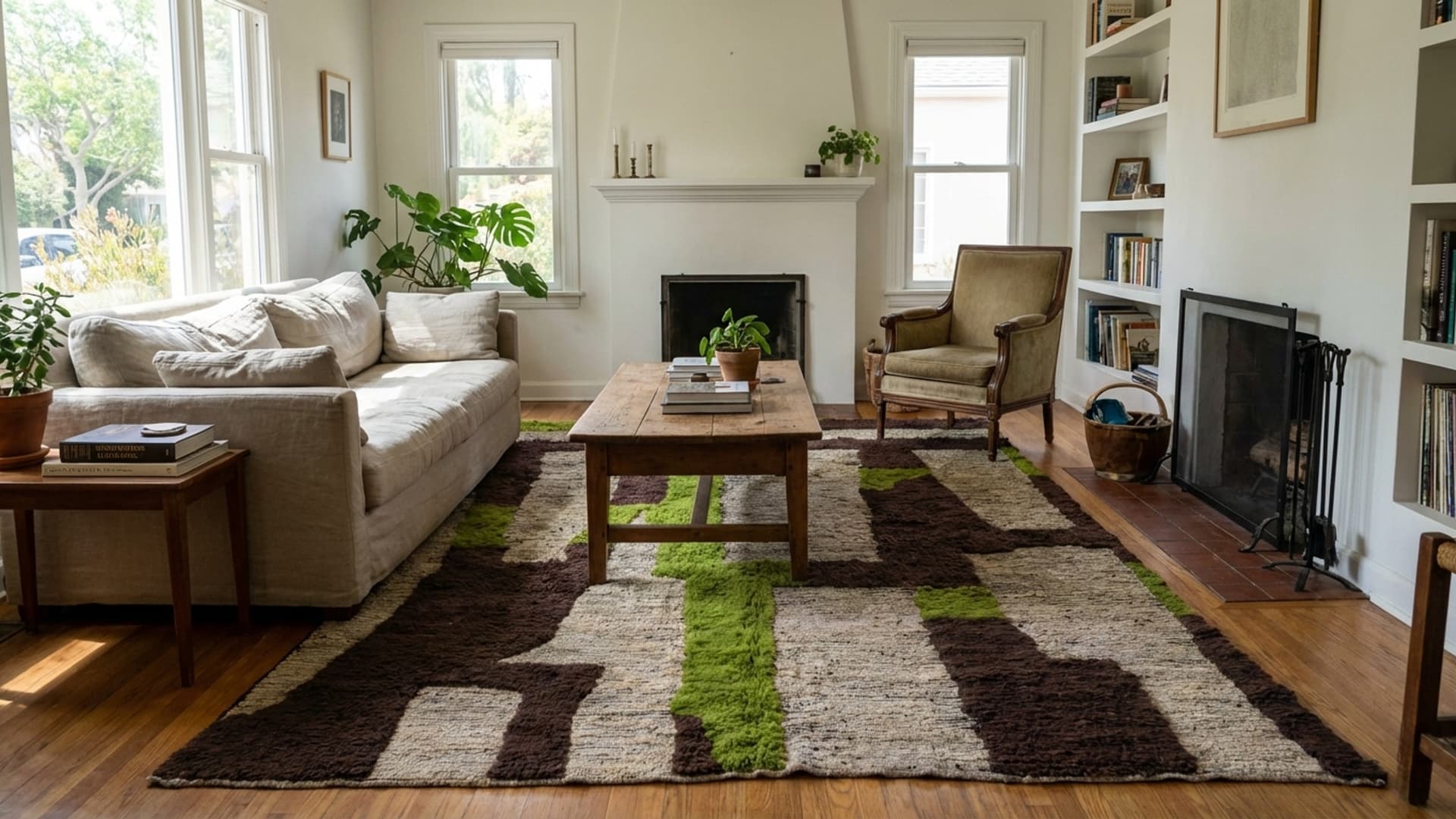 سجادة مغربية مصنوعة يدويًا من الصوف 7x10 - سجادة منطقة حديثة باللون البني المحايد والأخضر لغرفة المعيشة وغرفة النوم - مريزت