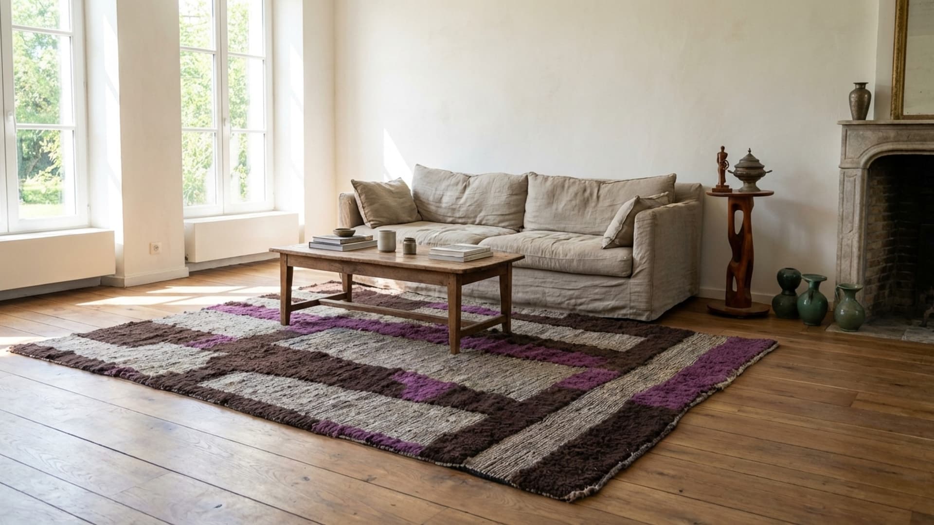 سجادة مغربية مصنوعة يدويًا من الصوف 7x10 - سجادة منطقة بوهيمية حديثة باللون الرمادي والبني والأرجواني لغرفة المعيشة أو غرفة النوم - مريز