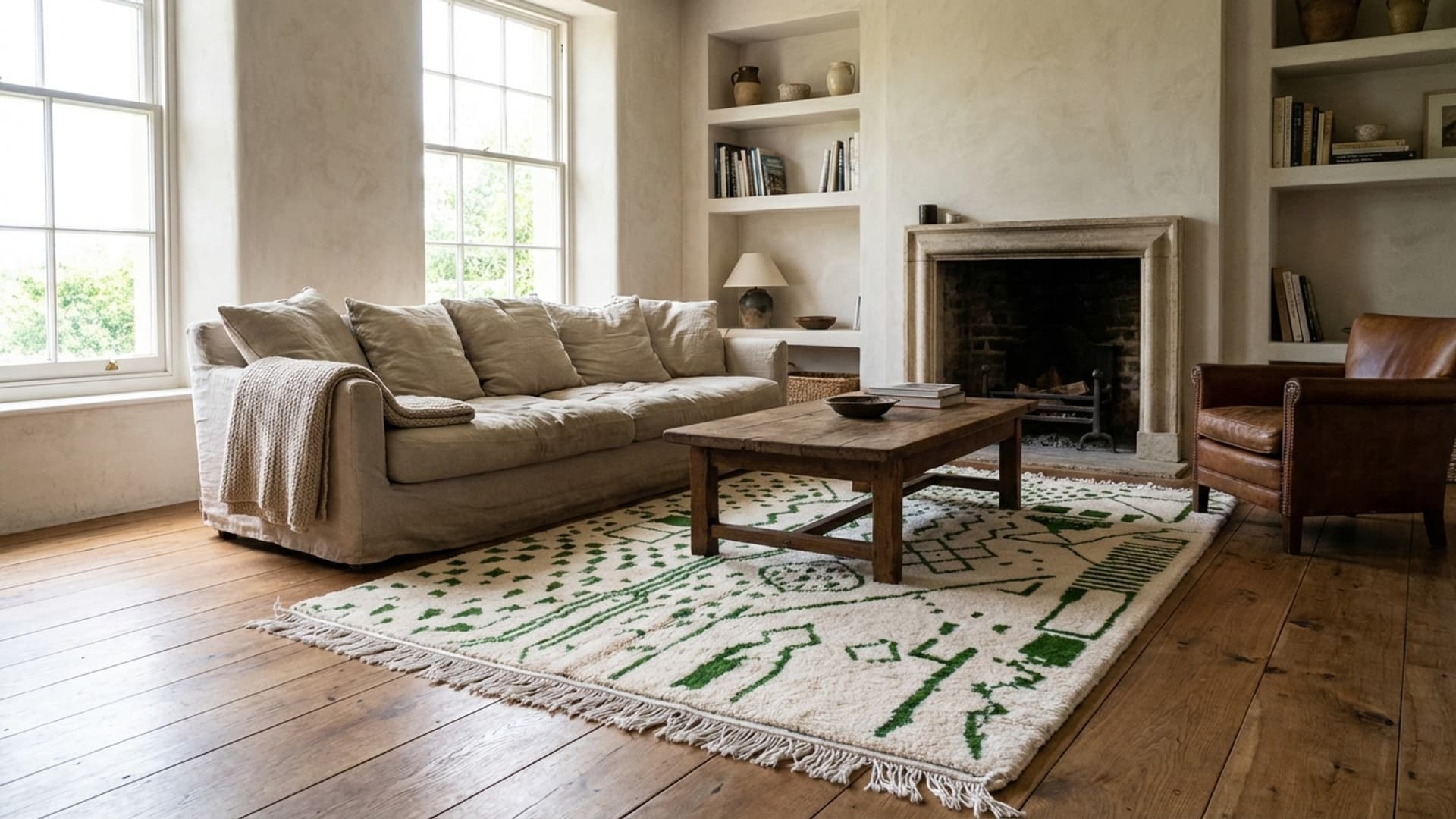 سجادة مغربية مصنوعة يدويًا من الصوف 8x10 - سجادة بوهو تجريدية باللون العاجي والأخضر للغرفة والمعيشة