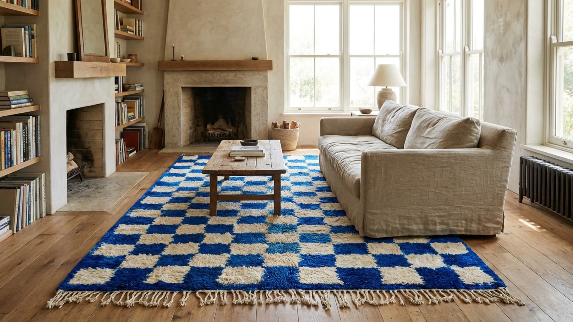 Marokkanischer Teppich Handgefertigt Wolle 8x10 - Blau Ivory Abstrakter Karierter Teppich für Wohnzimmer Schlafzimmer Modern Boho