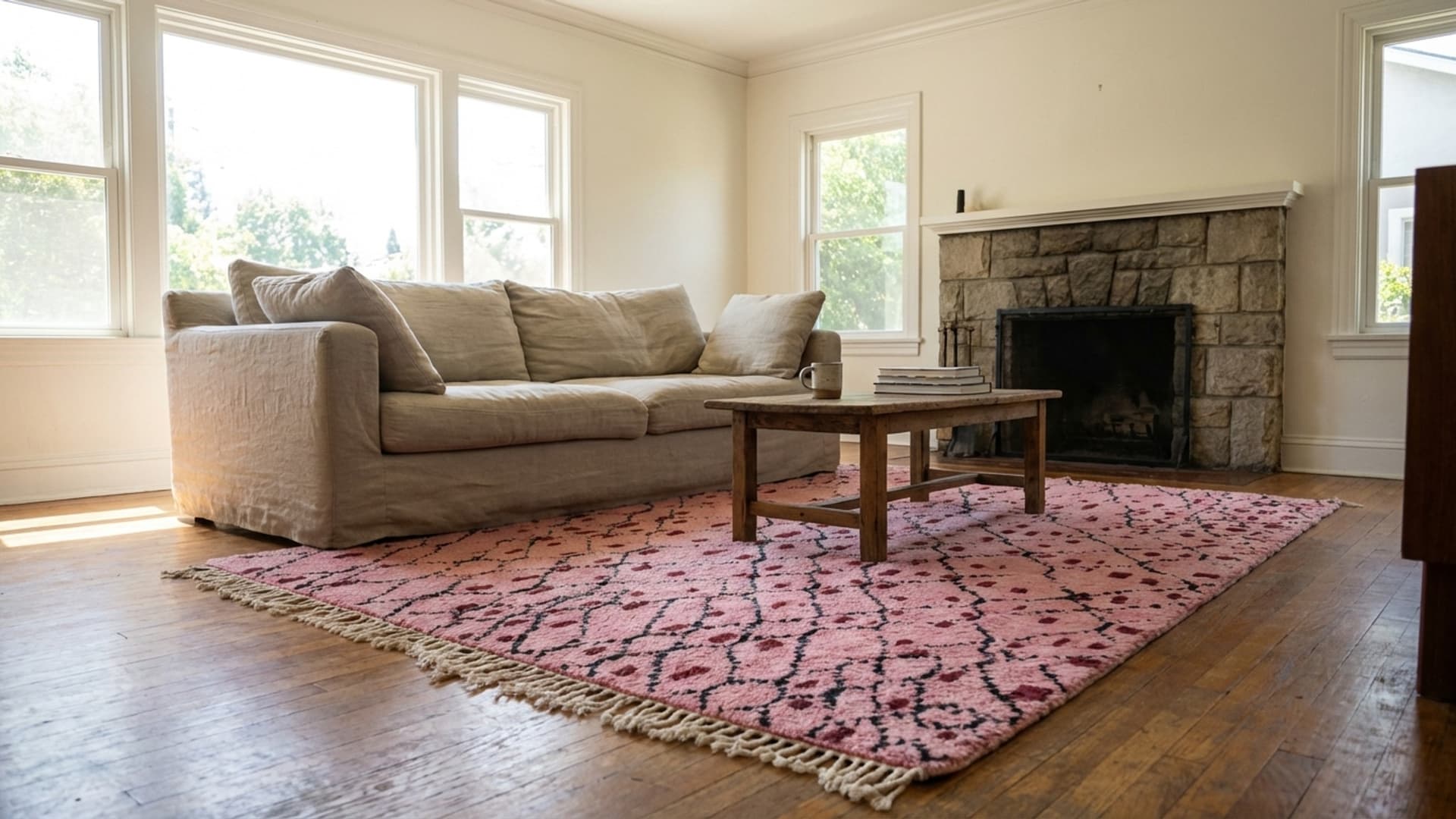 Moroccan Rug Handmade Wool 8x10 - Pink Boho Modern Area Rug for Living Room or Bedroom, Berber Diamond Pattern
