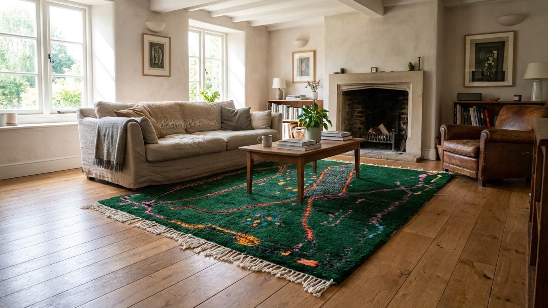 Moroccan Rug Handmade Wool Custom Size - Emerald Green Modern Boho Area Rug for Living Room Bedroom Berber