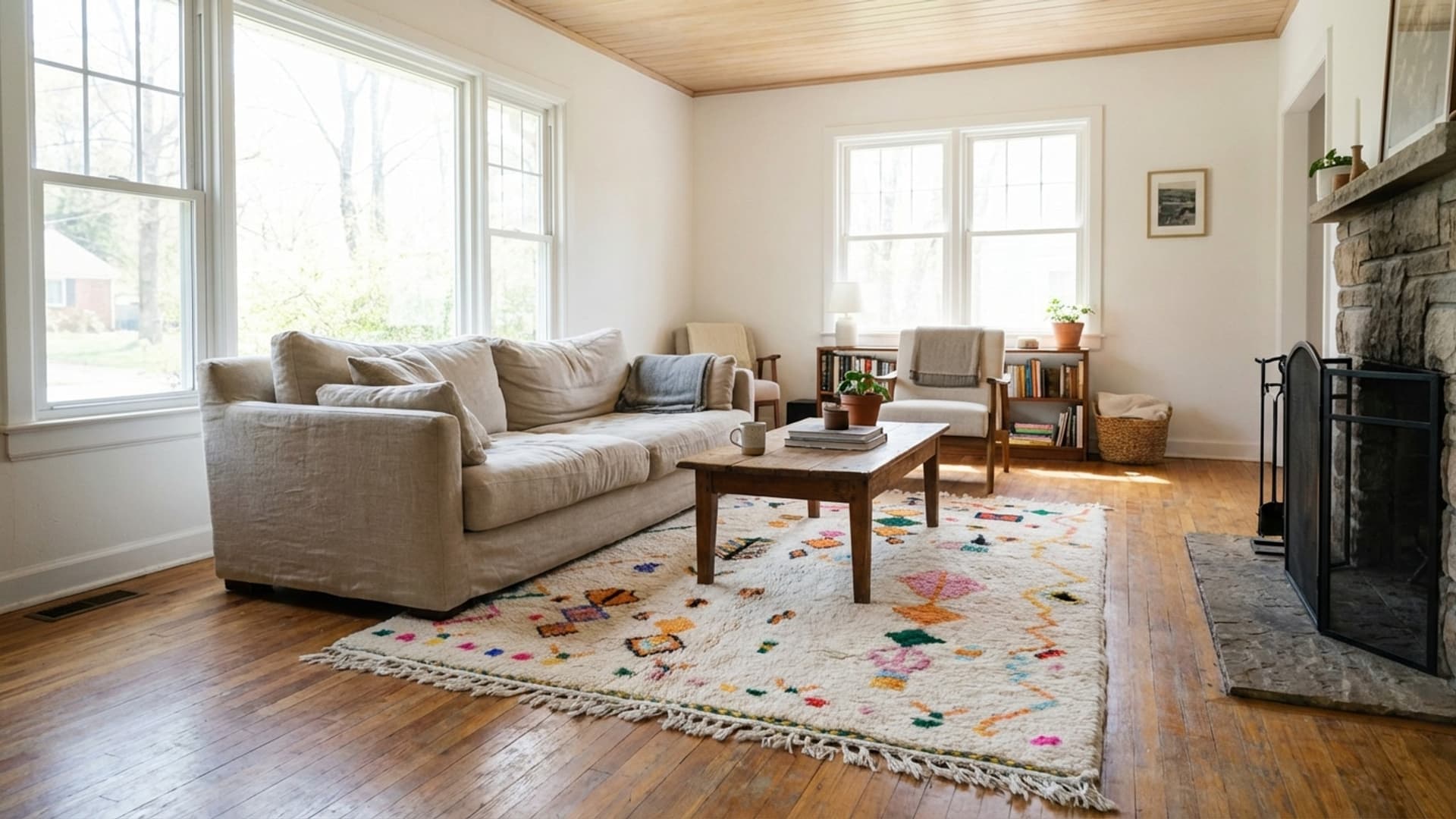 モロッコ製手作りウールラグ カスタムサイズ - アイボリー中立色のカラフルなボヘミアンモダンエリアラグ リビングルーム ベッドルーム ベルベル