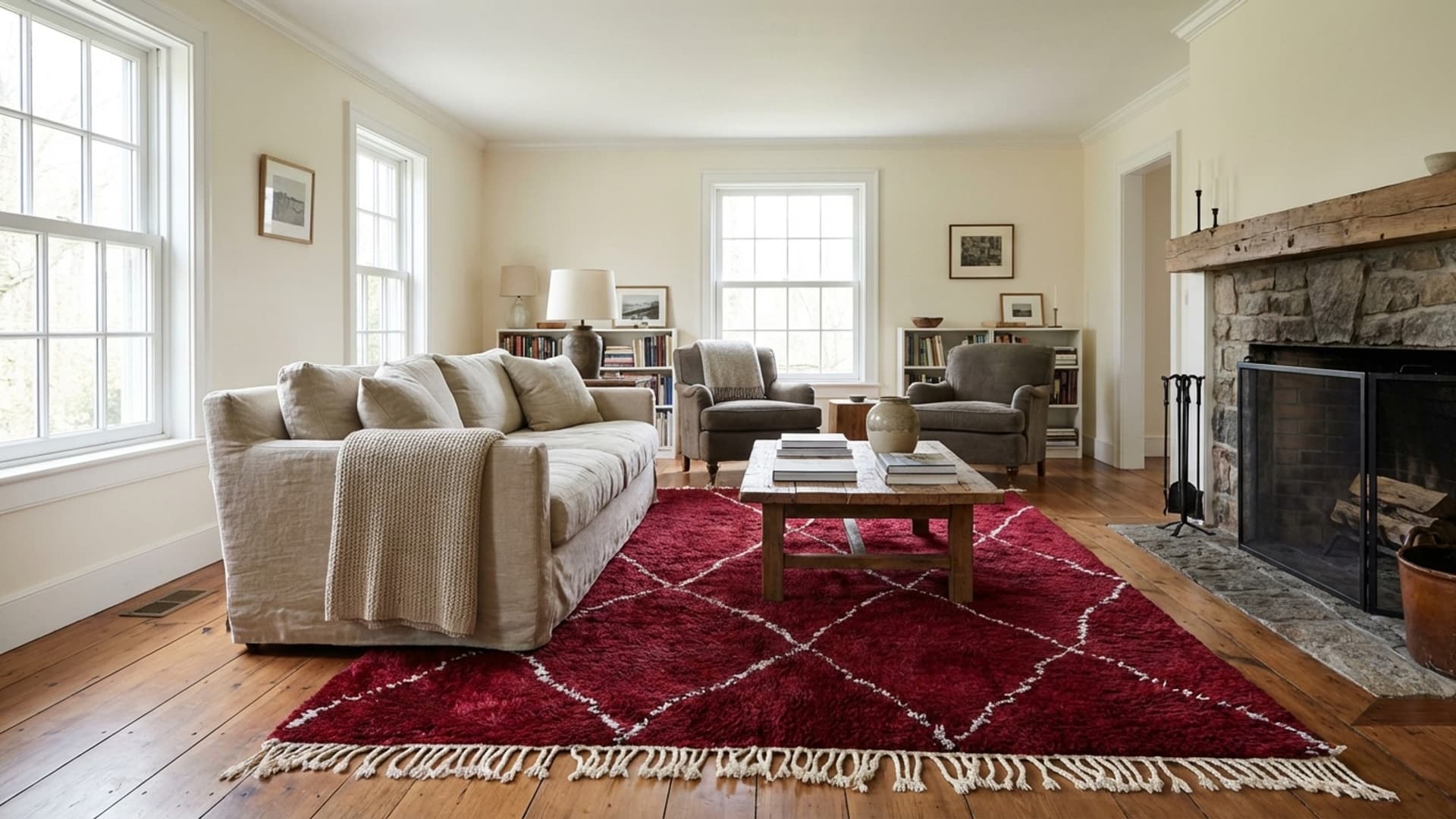 Alfombra Marroquí Hecha a Mano de Lana 8x10 - Alfombra Geométrica Moderna Rojo Burdeos para Sala de Estar y Dormitorio Berber