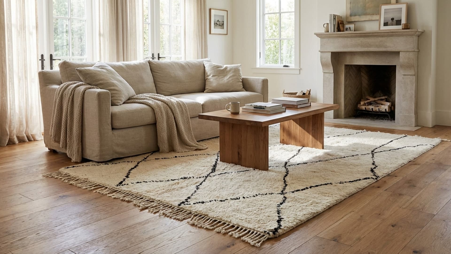 Marokkanischer Teppich Handgefertigt Wolle 8x10 - Elfenbein Schwarz Abstrakter Minimalistischer Teppich für Wohnzimmer Schlafzimmer Berber