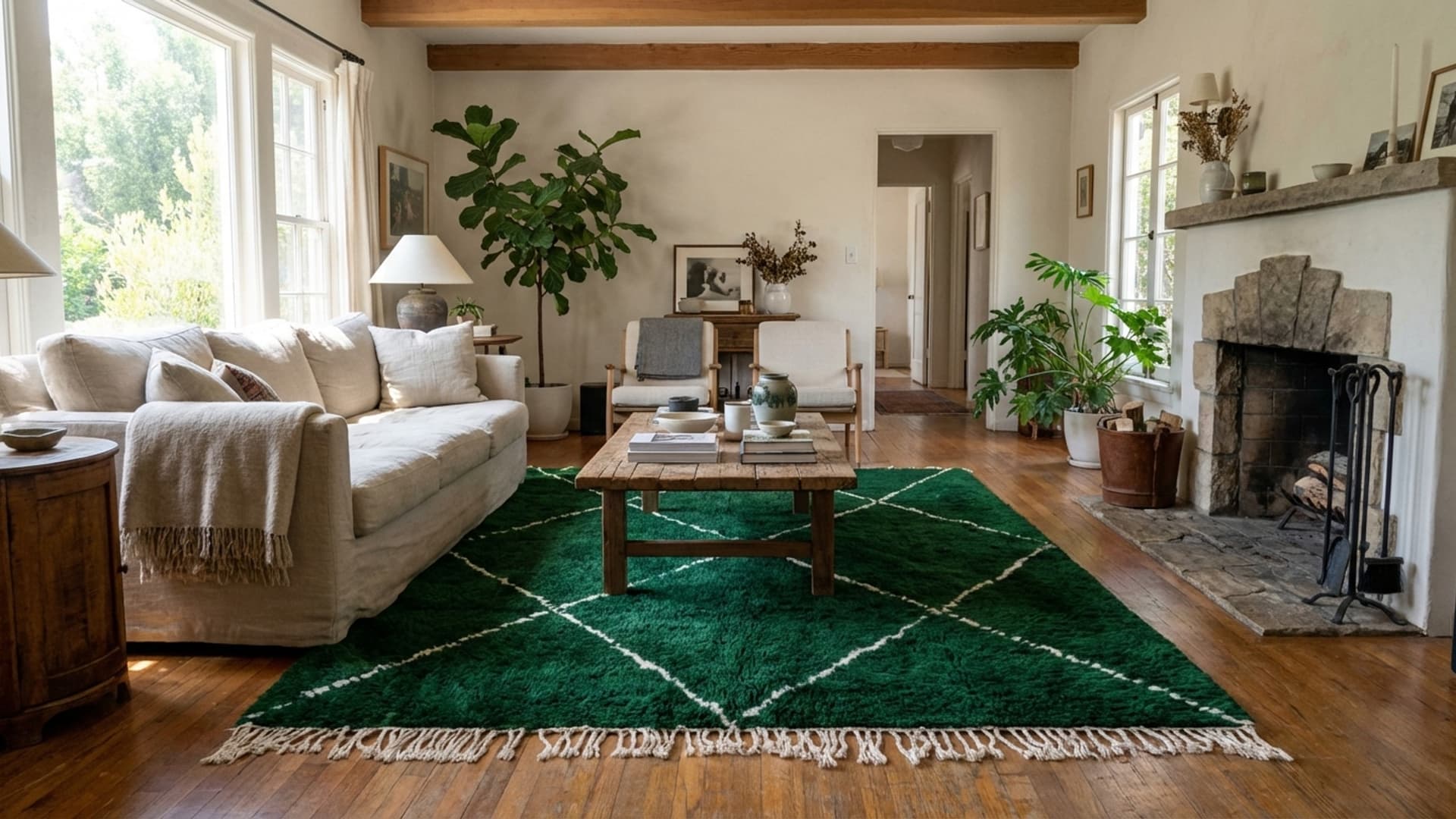 Tapis Marocain Fait Main en Laine 8x10 - Tapis de Zone Moderne Boho Vert Émeraude pour Salon Chambre - Diamant Berbère