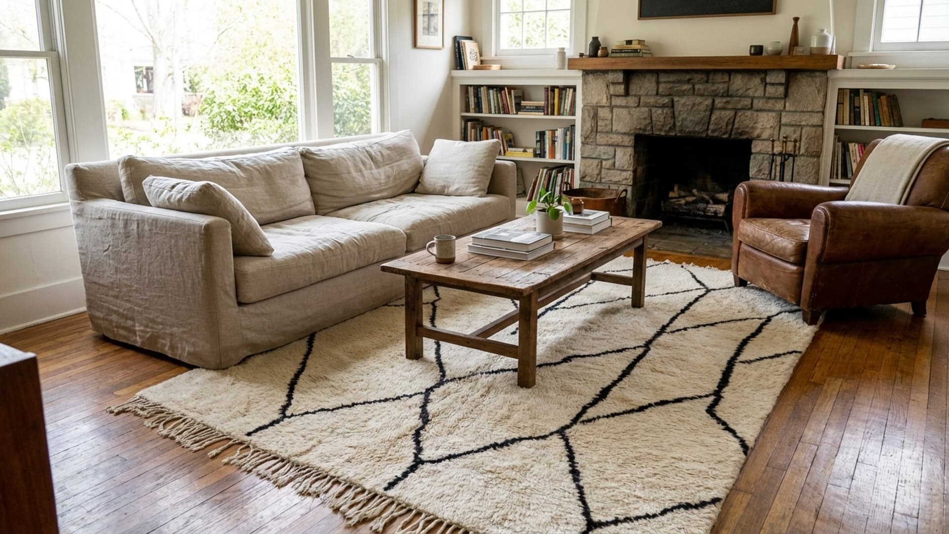 Marokkanischer Teppich Handgefertigt Wolle 8x10 - Elfenbein Schwarz Moderner Minimalistischer Teppich für Wohnzimmer Schlafzimmer Berber