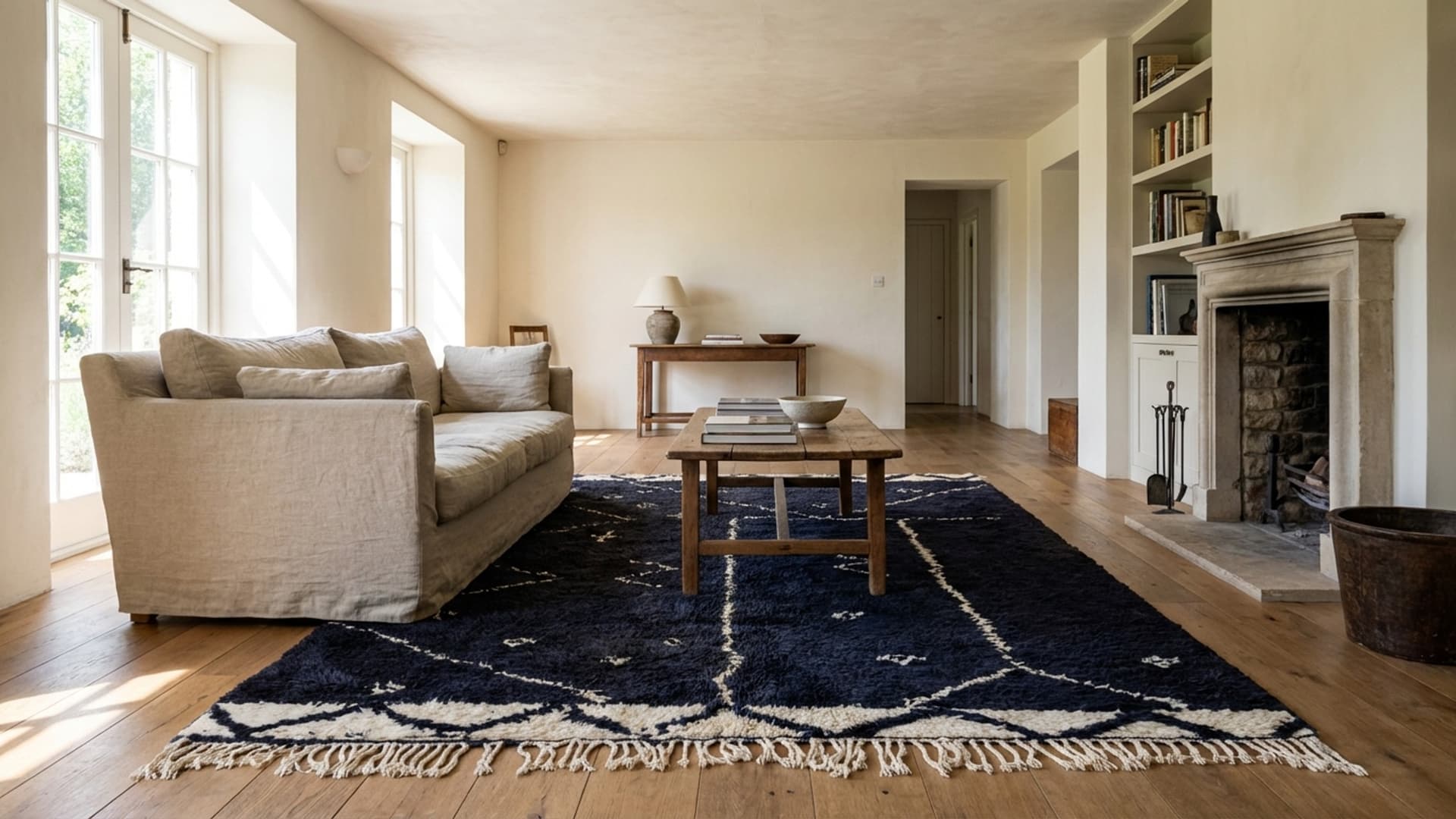 Tapis marocain fait main en laine 8x10 - Tapis géométrique moderne bleu marine et ivoire pour salon et chambre