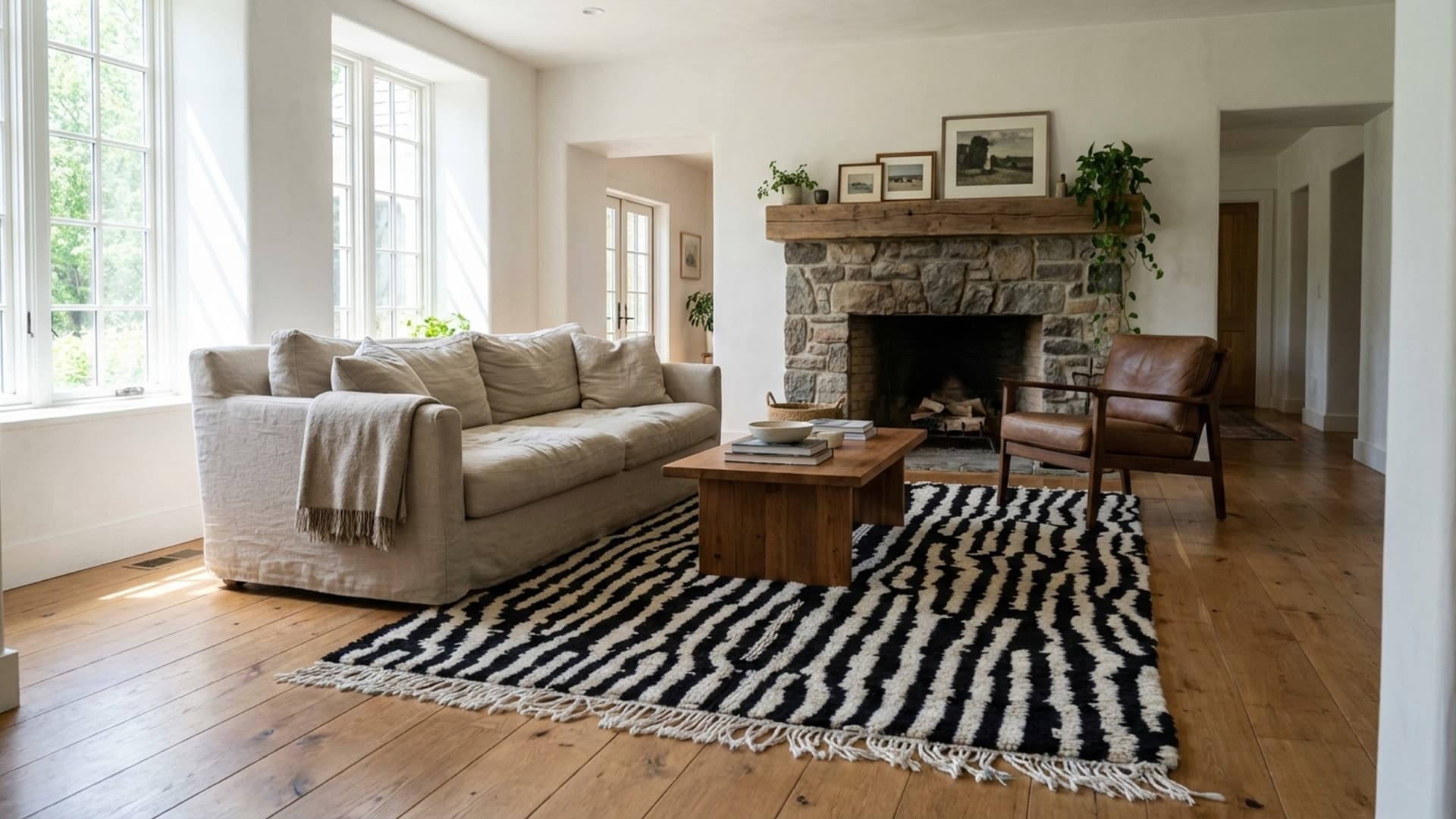 Moroccan Rug Handmade Wool 8x10 - Black and White Modern Boho Area Rug for Living Room Bedroom Berber