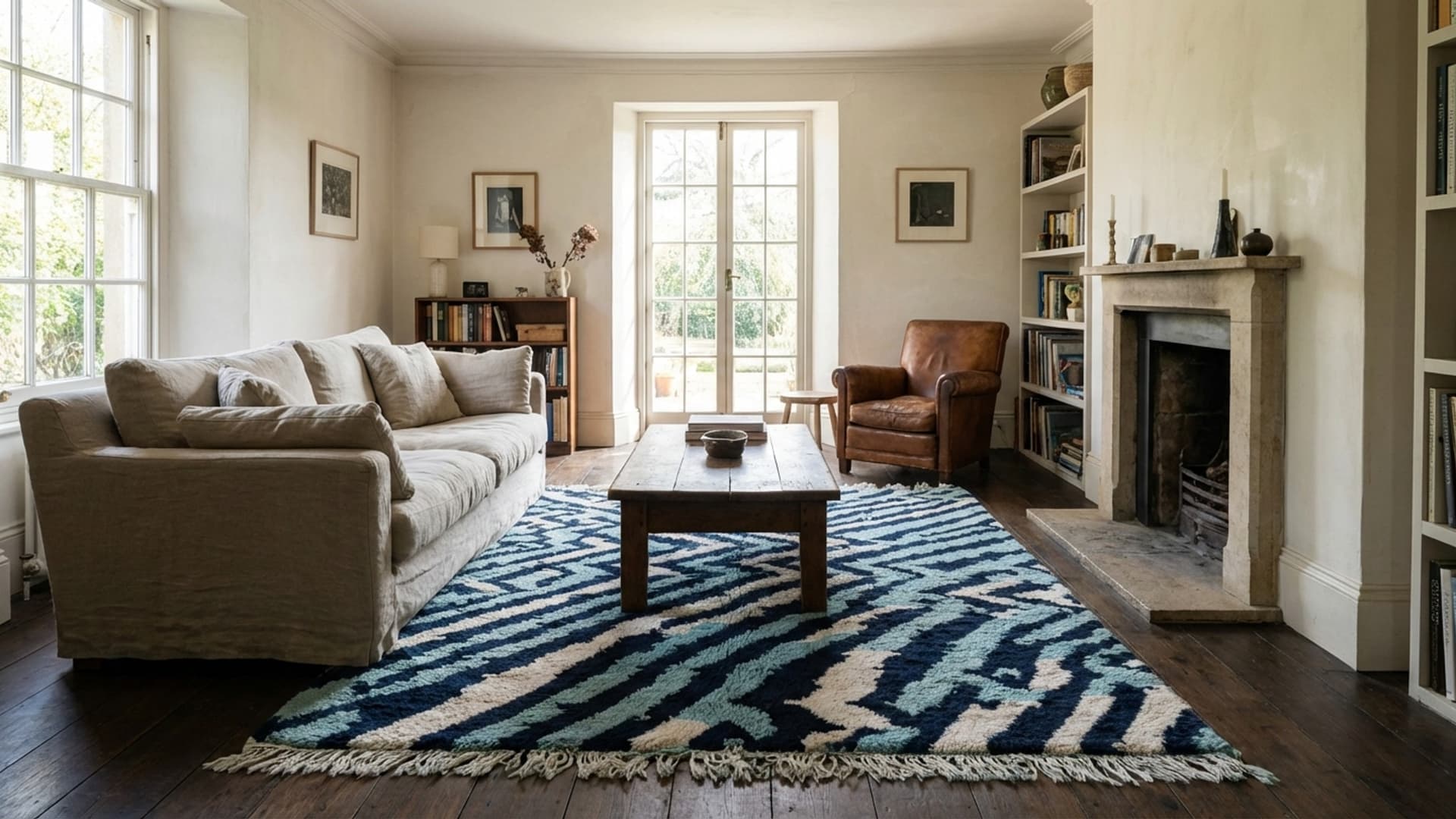 Tapis Marocain Fait Main en Laine Taille Personnalisée - Tapis Moderne Boho Bleu Marine Ivoire pour Salon Chambre Berbère