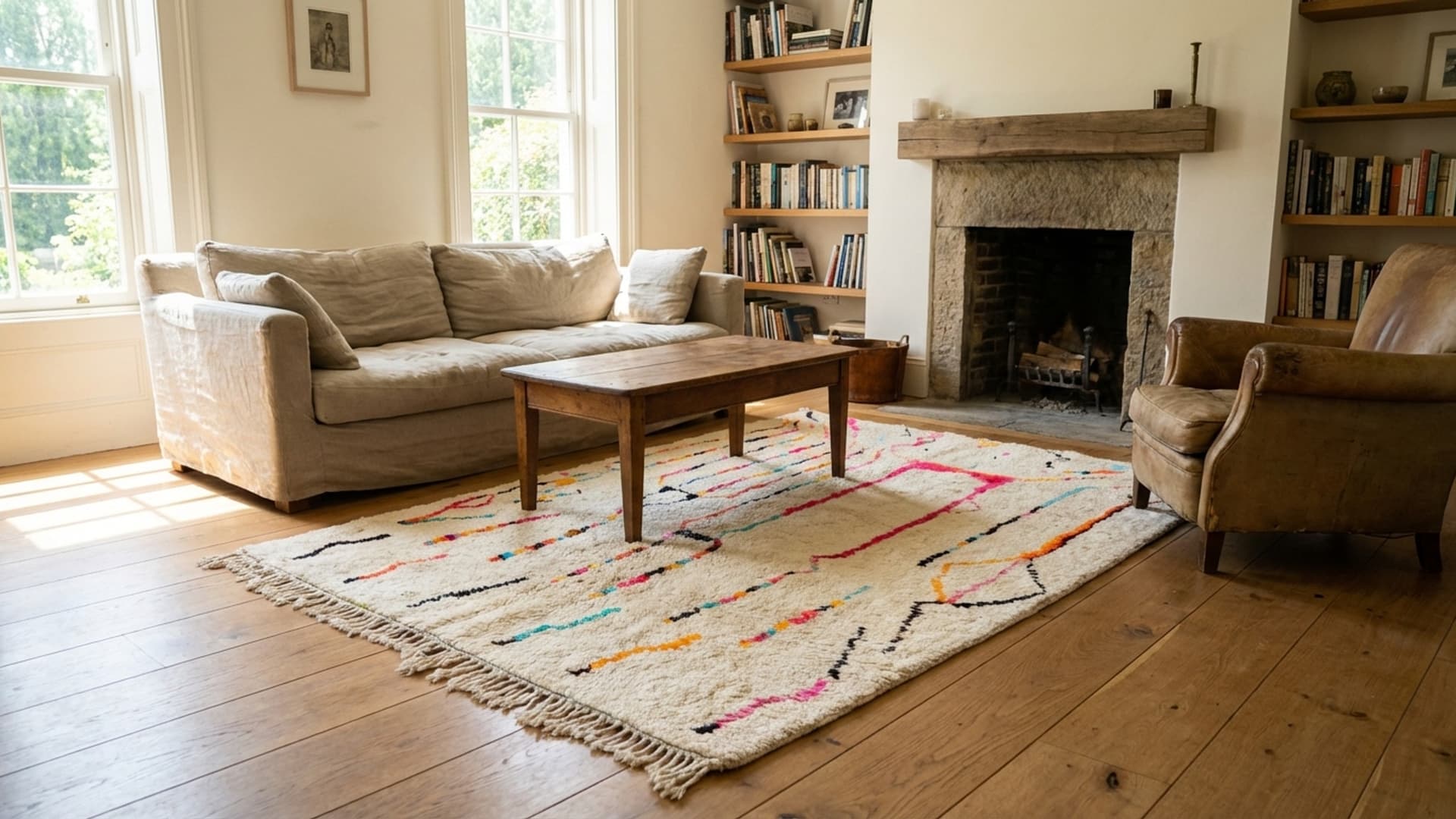 モロッコ製手作りウールラグ 8x10 - アイボリー中立的現代ボヘミアンエリアラグ リビングルーム 寝室 - ベルベル