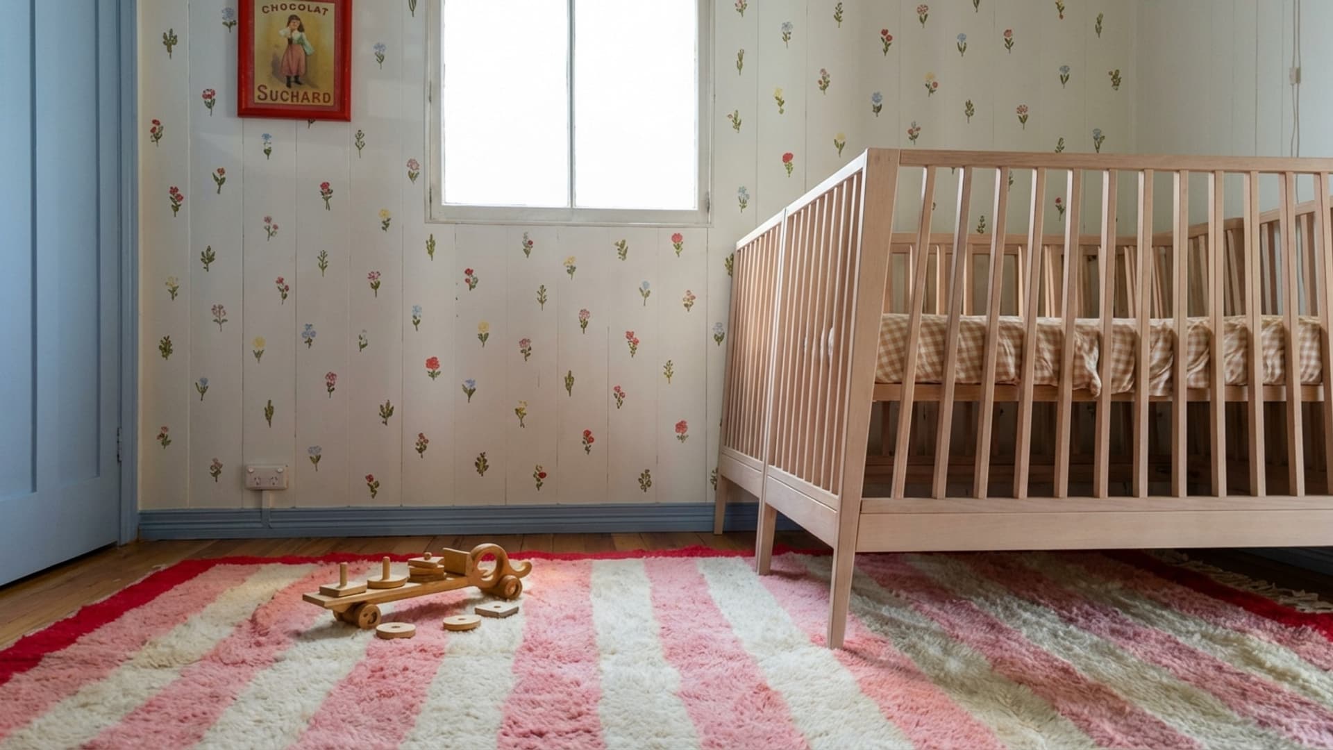 Moroccan Rug Handmade Wool 8x10 - Pink Ivory Striped Boho Area Rug for Living Room Bedroom Nursery Modern