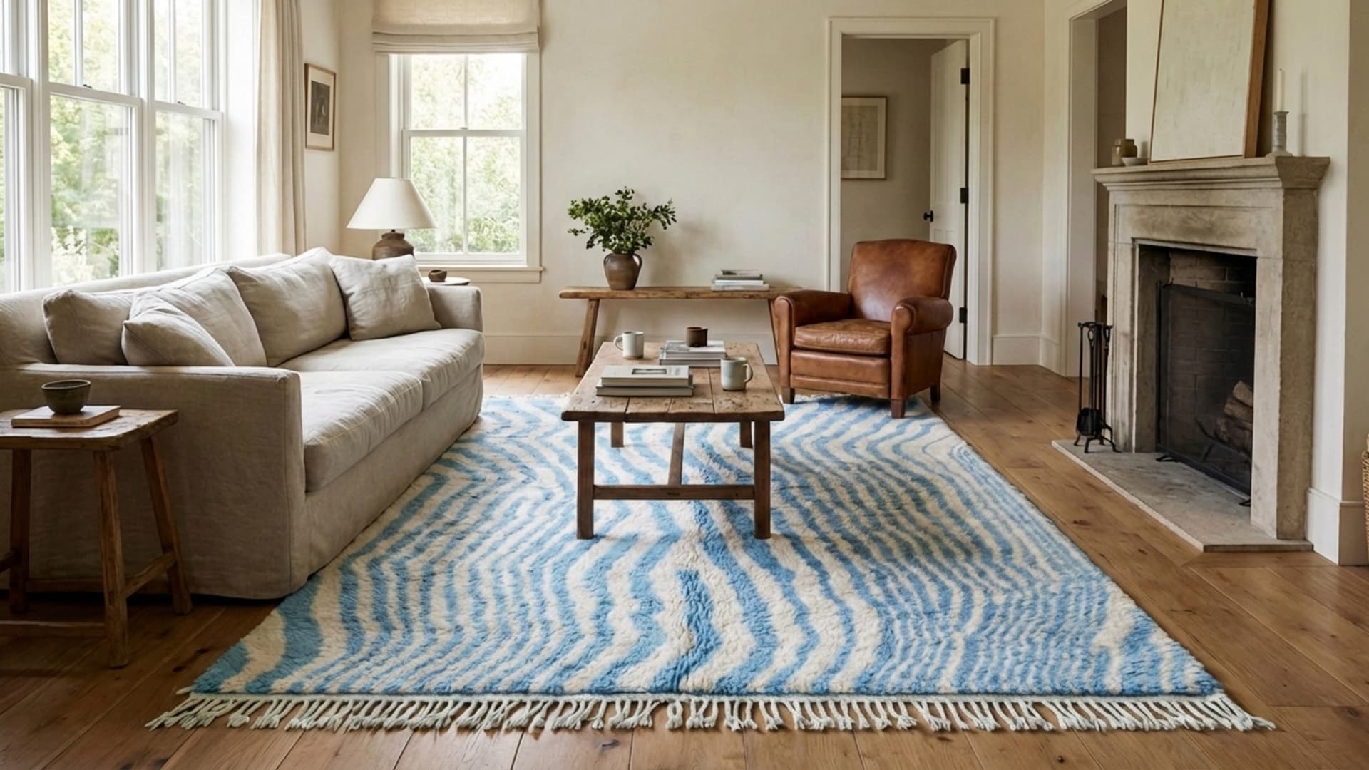 モロッコ製手作りウールカスタムサイズラグ - ブルーアイボリー現代ボヘミアンエリアラグ リビングルーム 寝室用 ベルベル