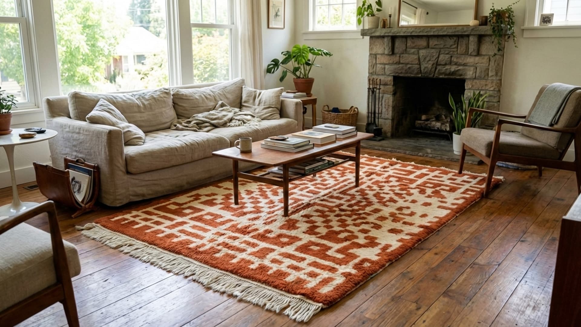 Moroccan Rug Handmade Wool 8x10 - Rust Terracotta Ivory Modern Boho Area Rug for Living Room Bedroom