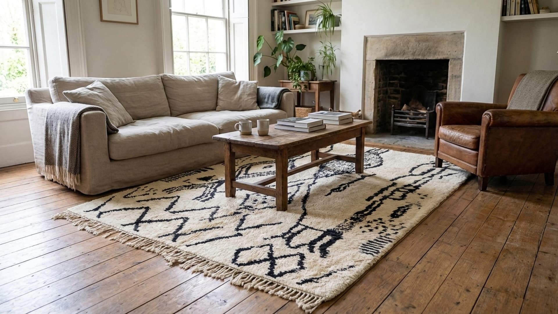 Moroccan Rug Handmade Wool 8x10 - Ivory Black Modern Boho Area Rug for Living Room Bedroom Berber