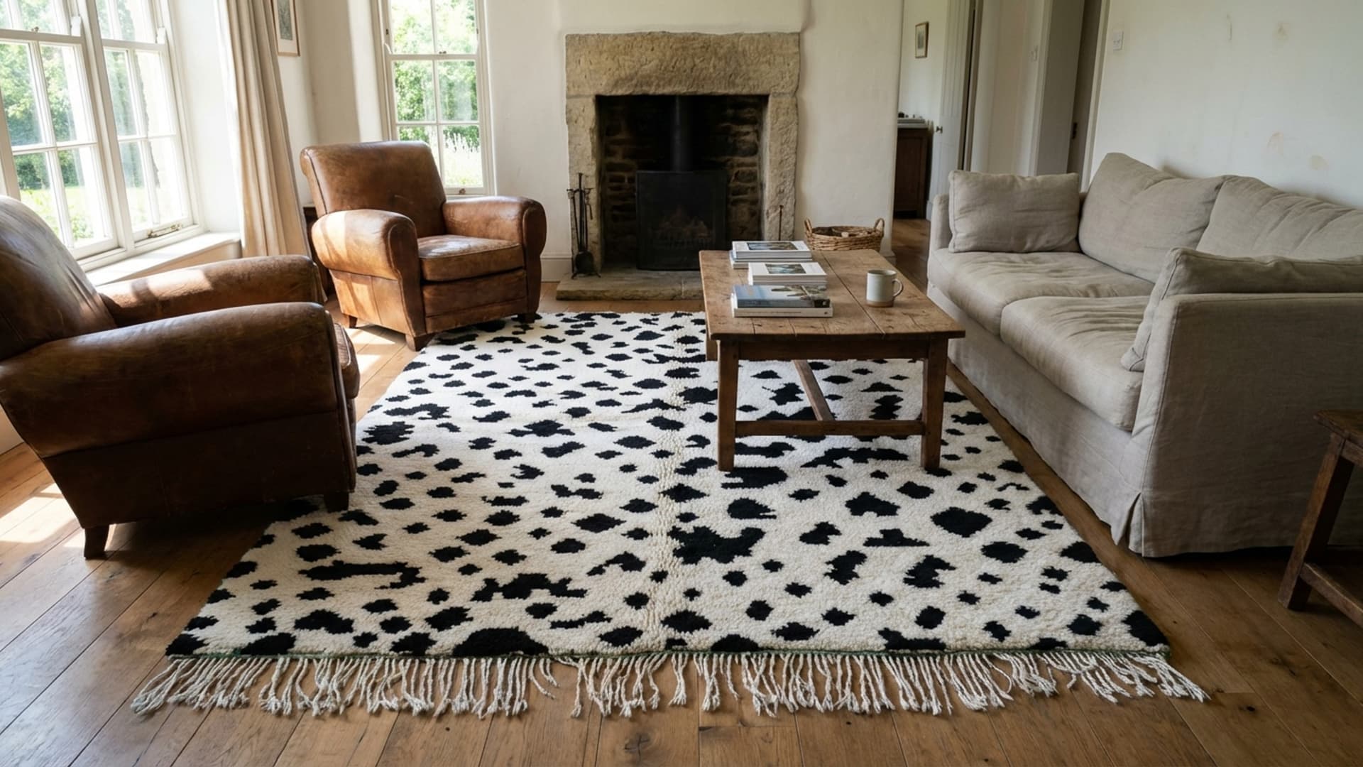 Tapis marocain fait main en laine 8x10 - Tapis moderne noir et blanc pour salon, tapis de chambre minimaliste boho