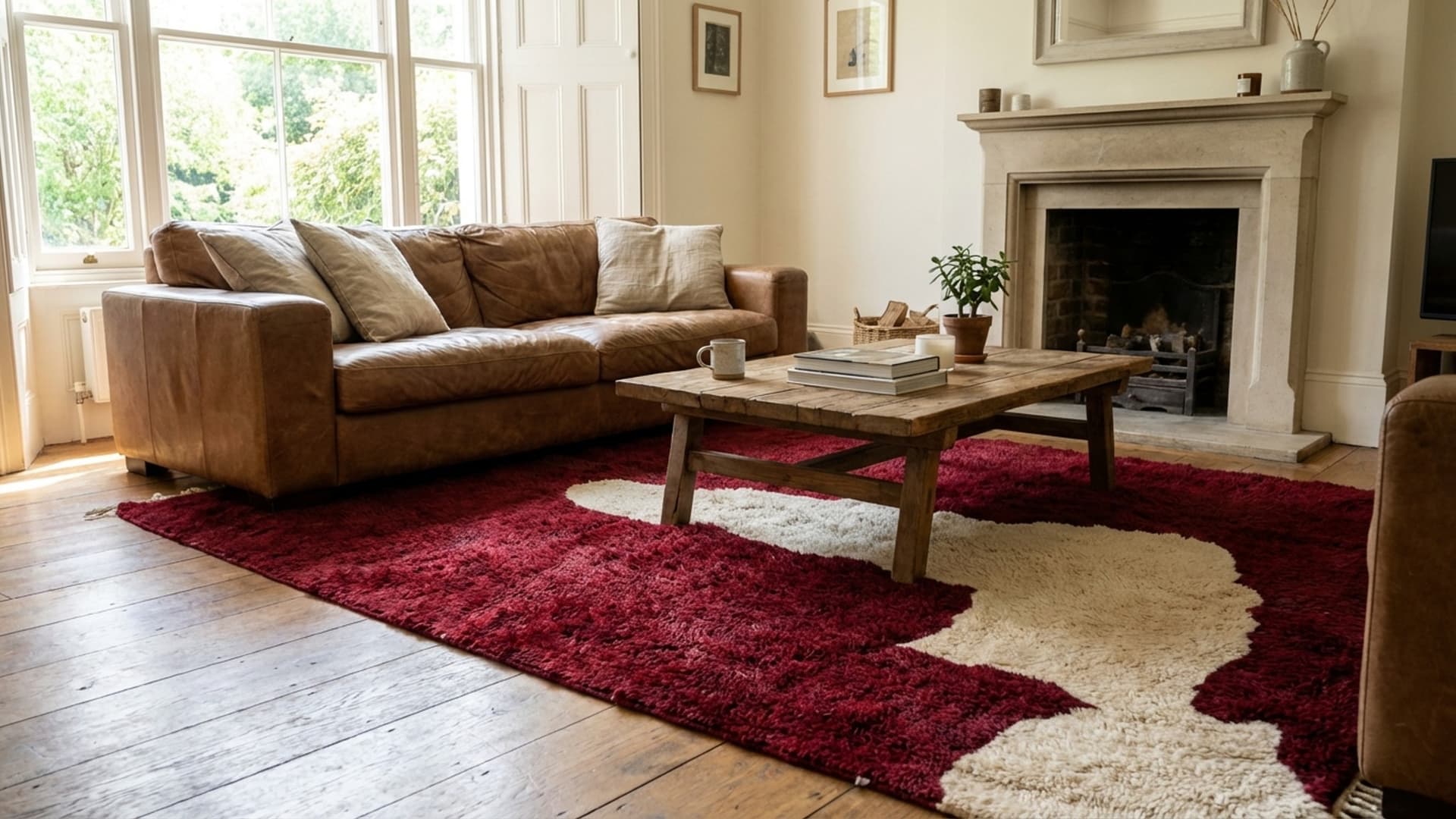 Moroccan Rug Handmade Wool 7x10 - Burgundy Ivory Abstract Area Rug for Living Room, Modern Boho Bedroom Rug